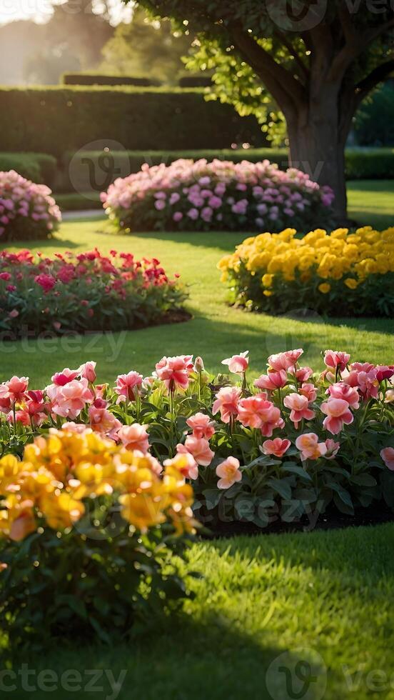 ai genererad härlig trädgårdar blomstrande blommor smyckande välskött gräsmattor foto