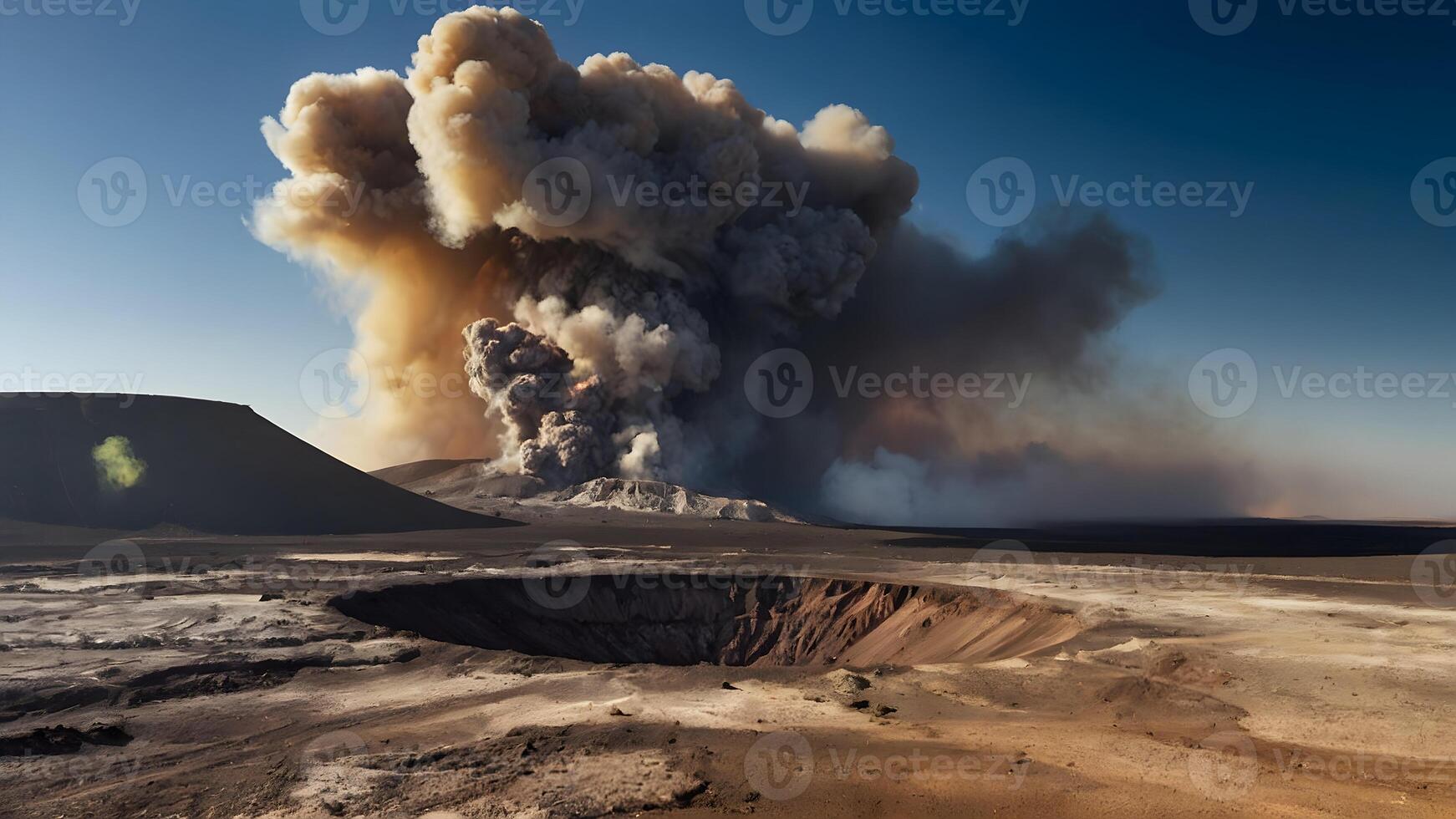 ai genererad vulkanisk undra rökning krater mot karg landskap foto