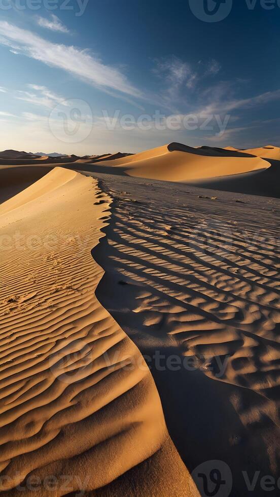 ai genererad öken- drömmar ändlös sandstrand skiftande under omfattande blå himmel foto