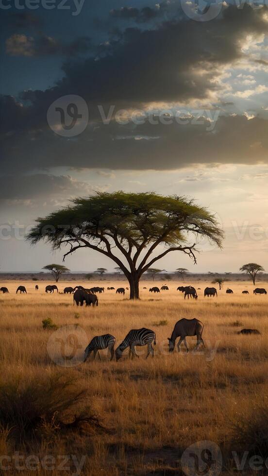 ai genererad savann safari vilda djur och växter betning tvärs över omfattande afrikansk slätter foto