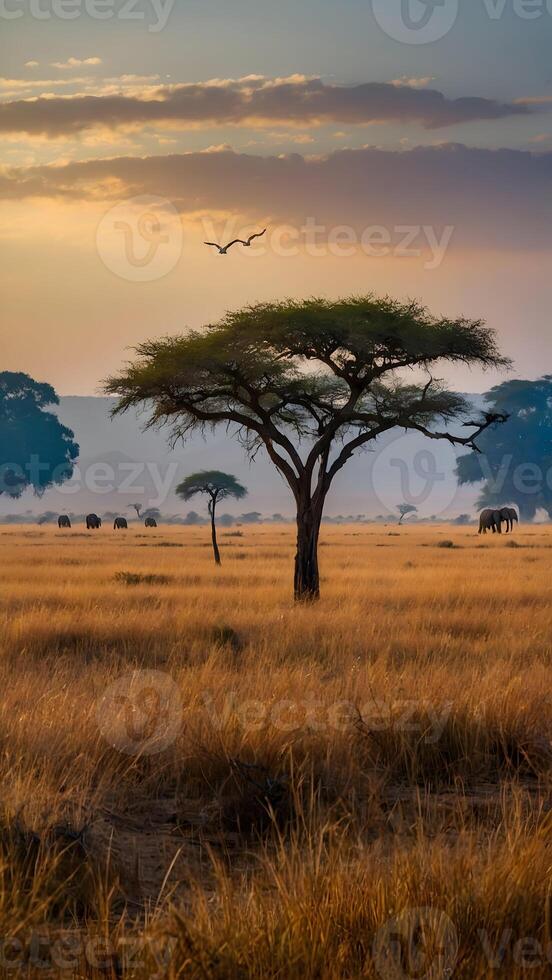 ai genererad savann safari vilda djur och växter betning tvärs över omfattande afrikansk slätter foto