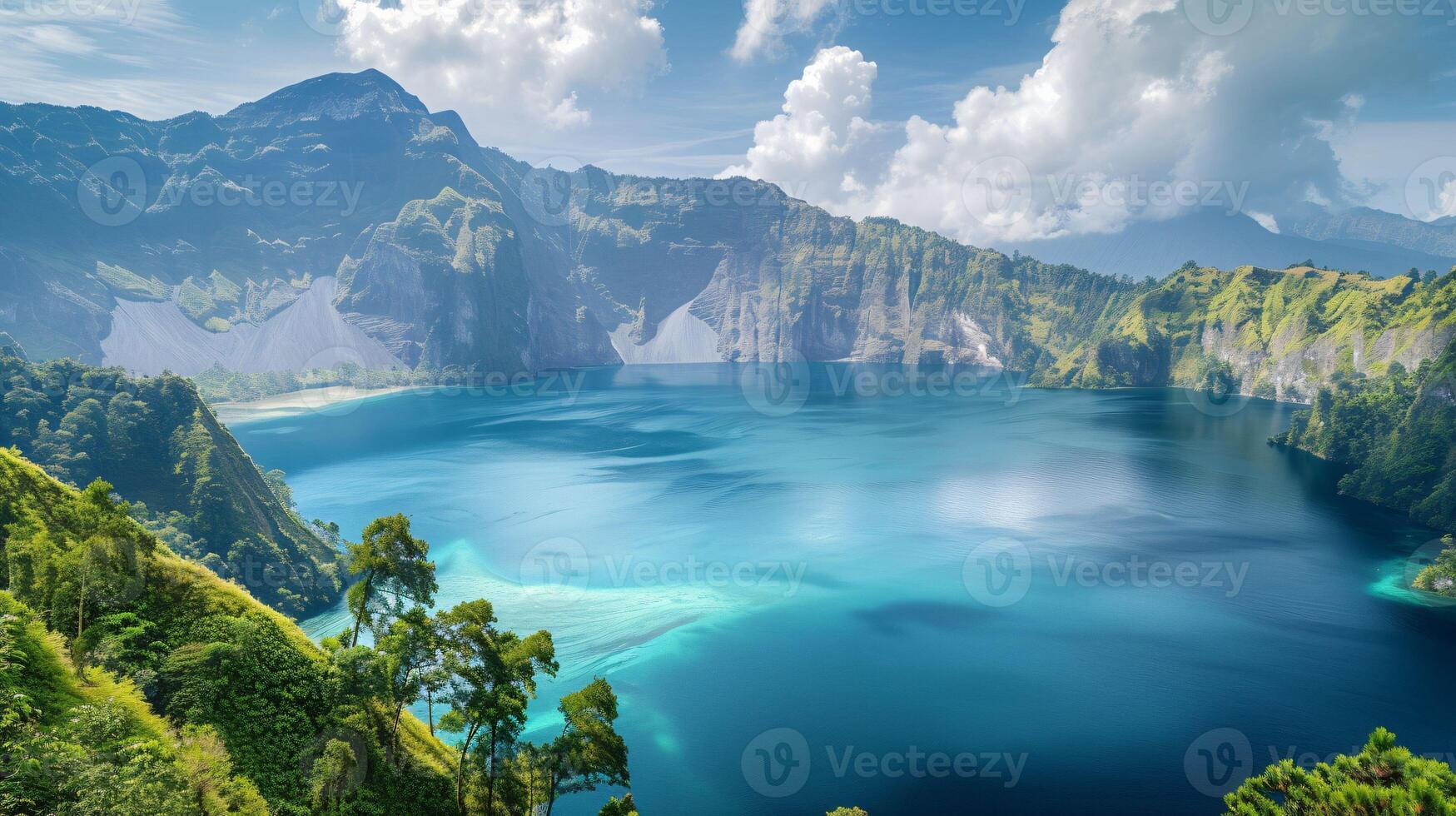 ai genererad en hisnande se av en skön sjö omfamnade förbi majestätisk berg landskap foto