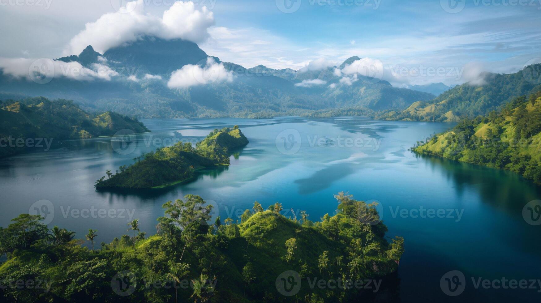 ai genererad en hisnande se av en skön sjö omfamnade förbi majestätisk berg landskap foto