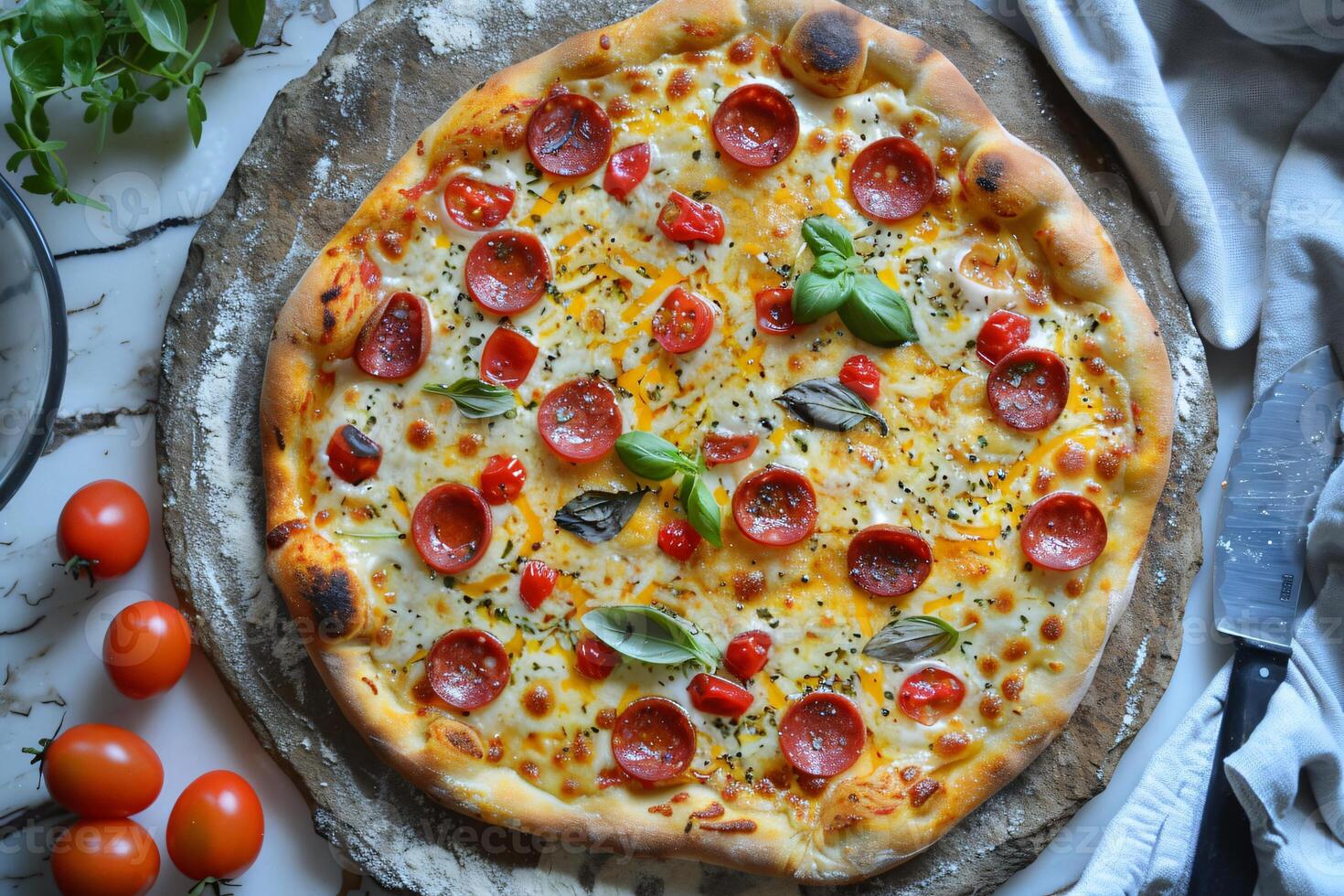 ai genererad en nyligen bakad hemlagad pizza på en rustik pizza sten foto