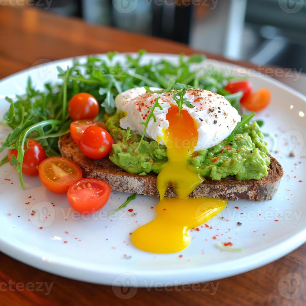 ai genererad utsökt avokado rostat bröd toppade med perfekt vattenbad ägg för friska frukost foto