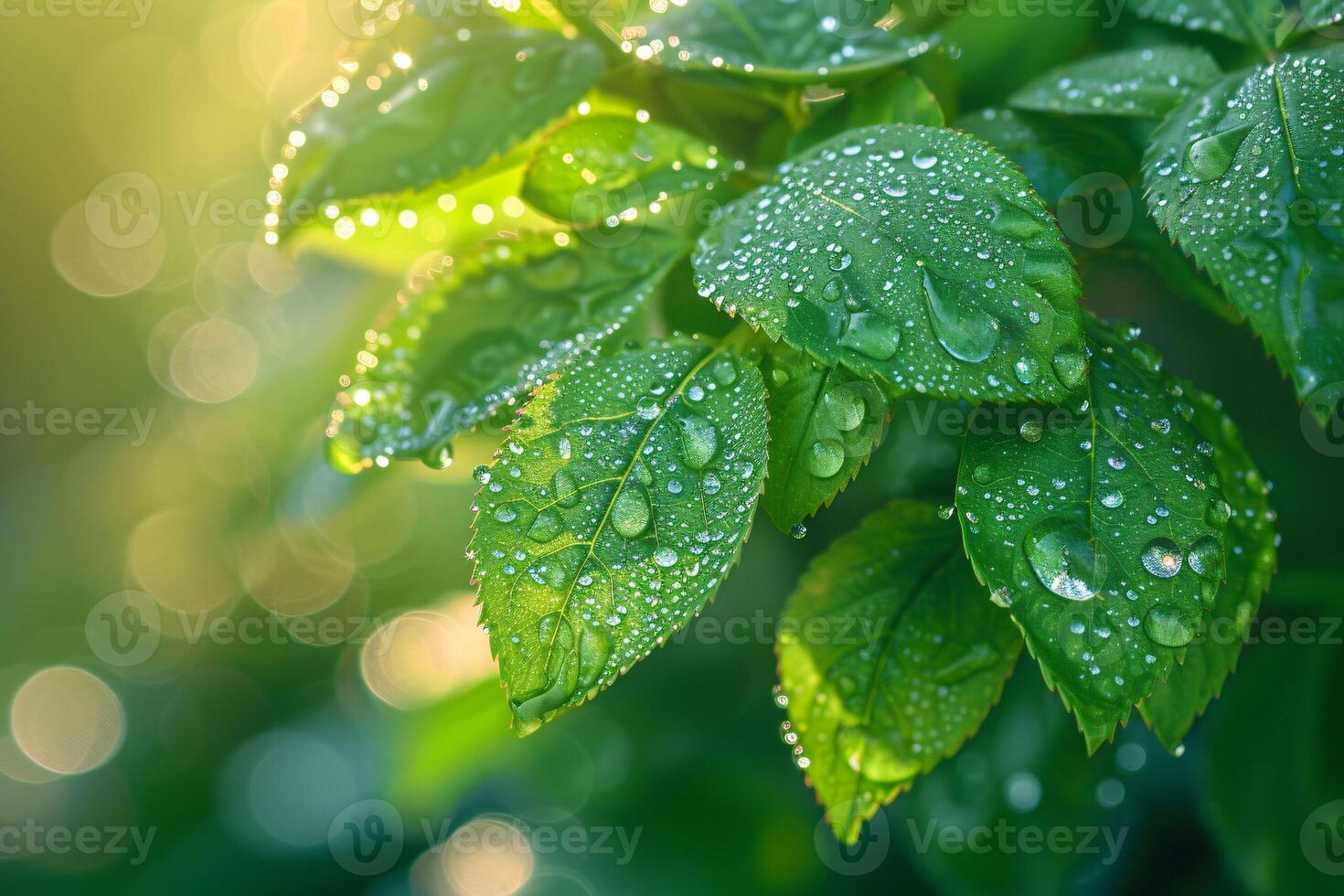 ai genererad fångande de friskhet och skönhet av lövverk i natur med dagg droppar foto