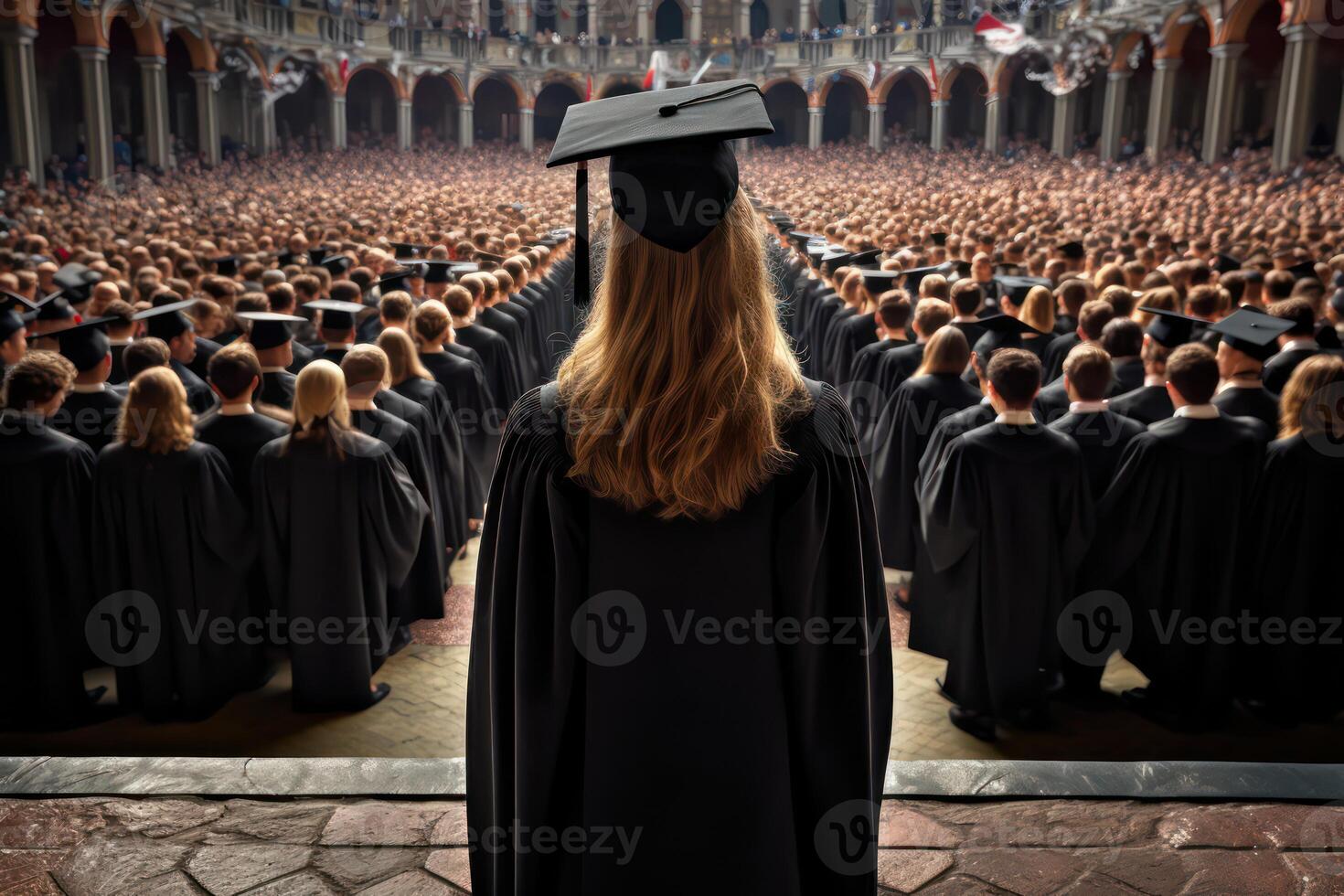 ai genererad universitet examen flicka i svart hatt och klänning utseende på folkmassan. generativ ai foto