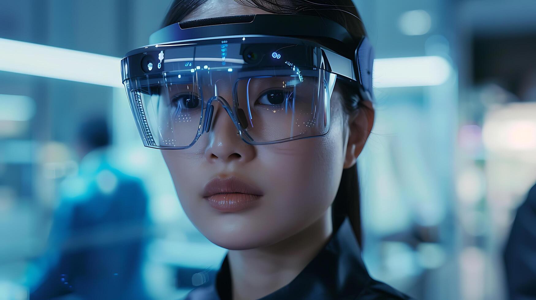 ai genererad virtuell verklighet entusiast omfamnar trogen erfarenhet i smart glasögon mot minimalistisk bakgrund foto