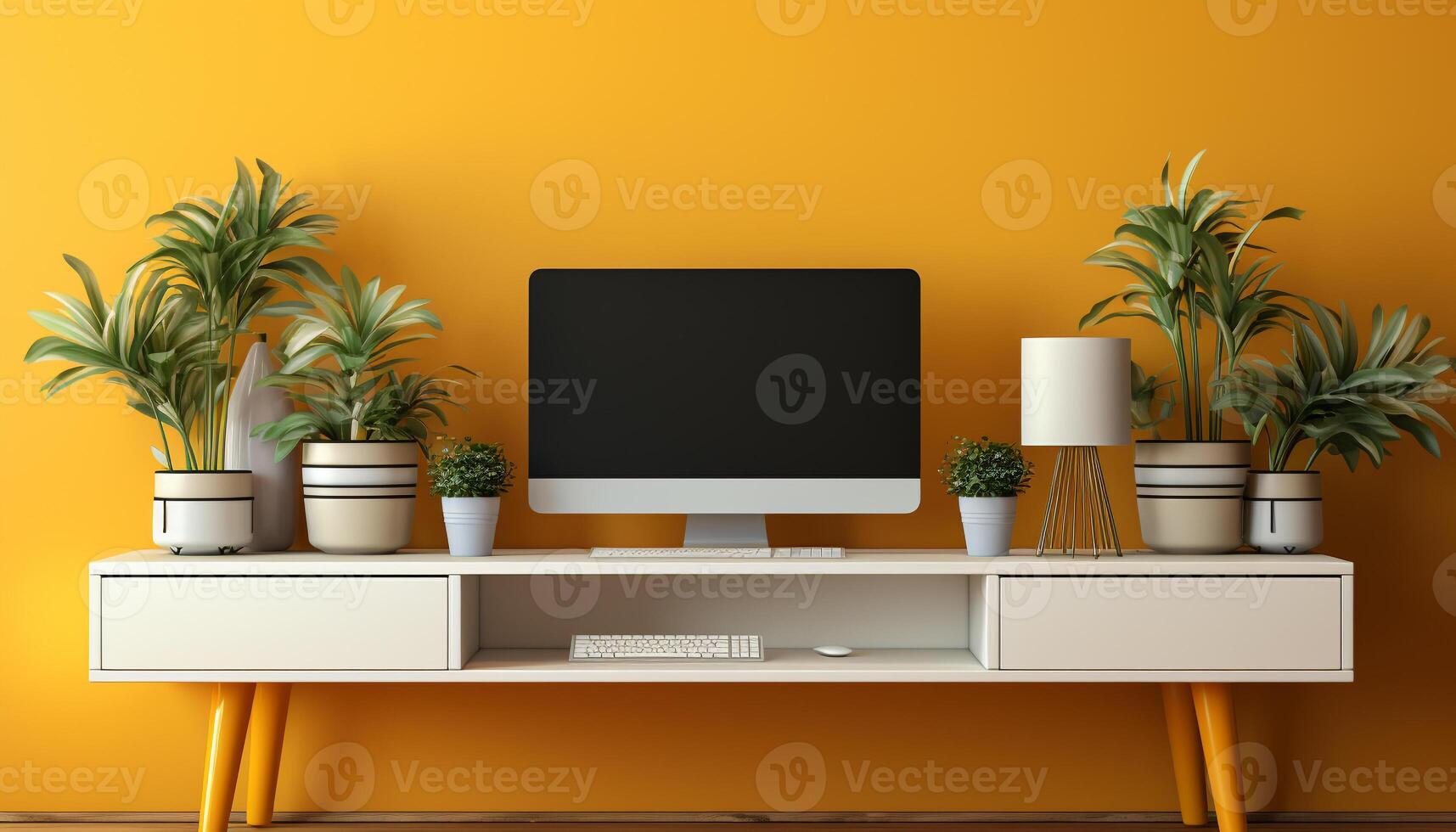 ai genererad modern kontor skrivbord med dator övervaka, växt, och bok genererad förbi ai foto
