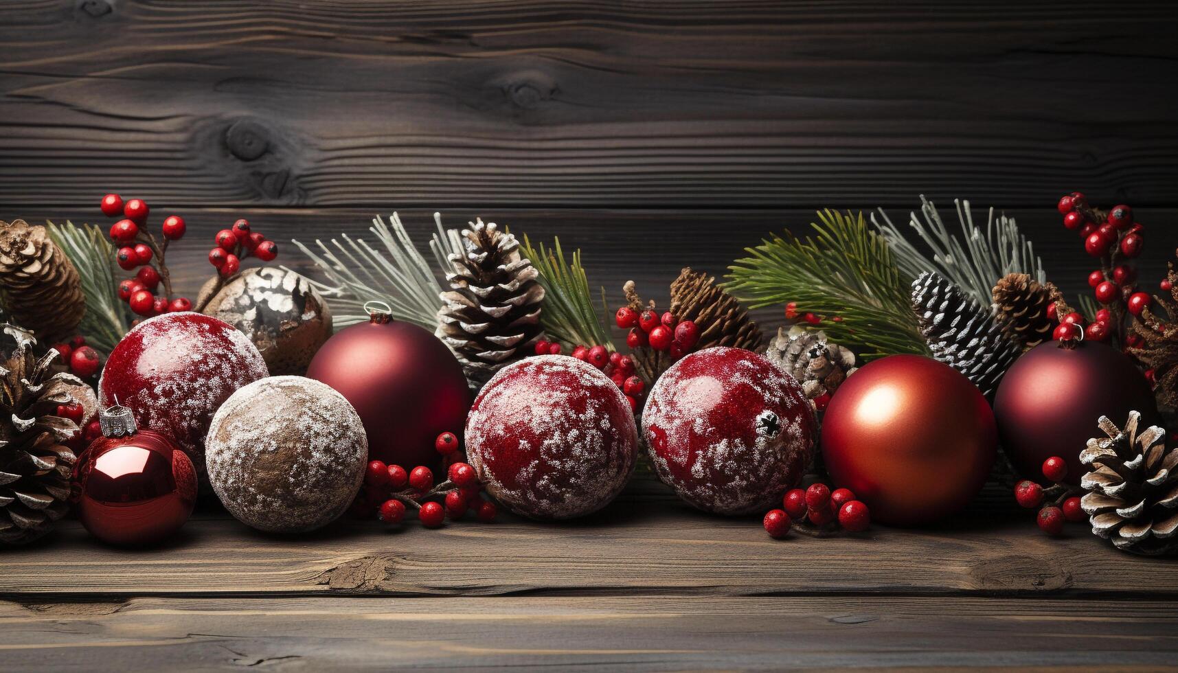 ai genererad trä- jul prydnad dekorerar rustik tabell med skinande snöflinga design genererad förbi ai foto