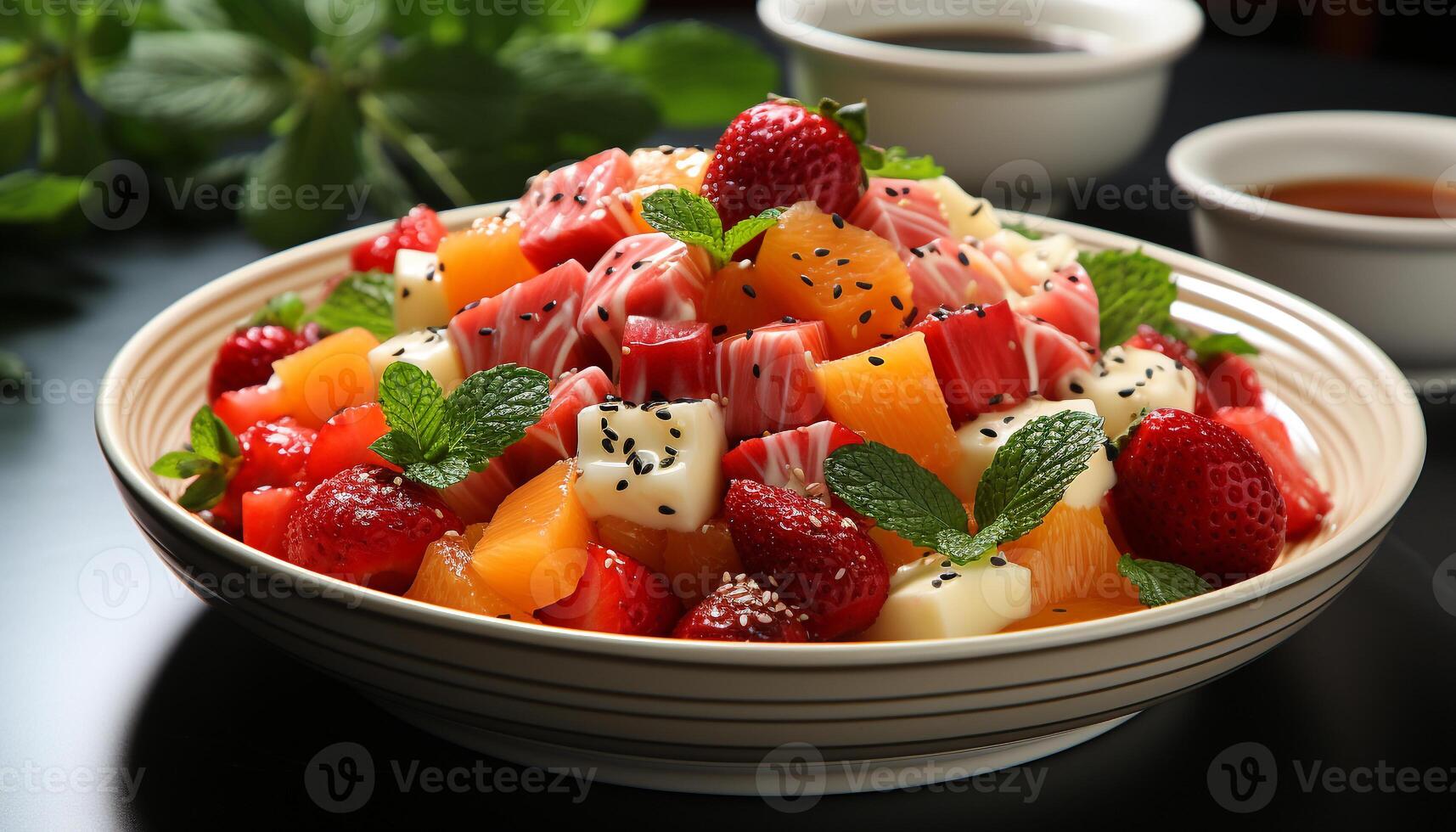 ai genererad färsk frukt sallad jordgubbe, hallon, blåbär, melon, och mynta genererad förbi ai foto