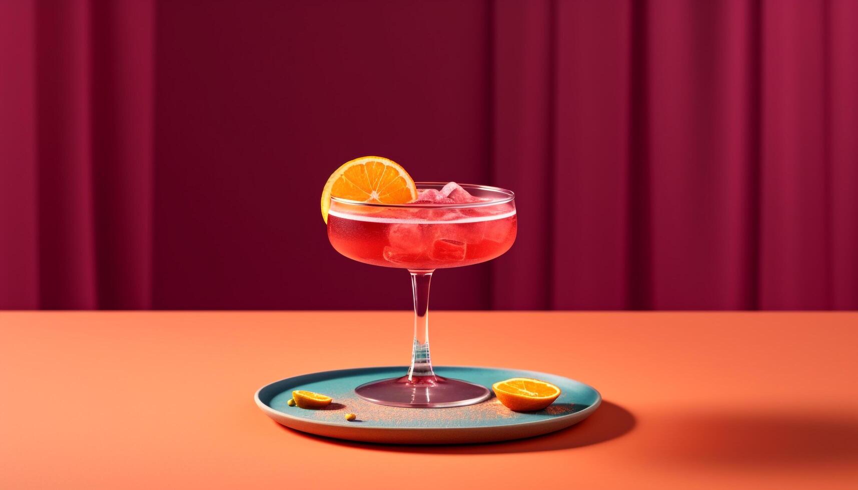 ai genererad uppfriskande citrus- cocktail på röd bakgrund, perfekt för sommar firande genererad förbi ai foto