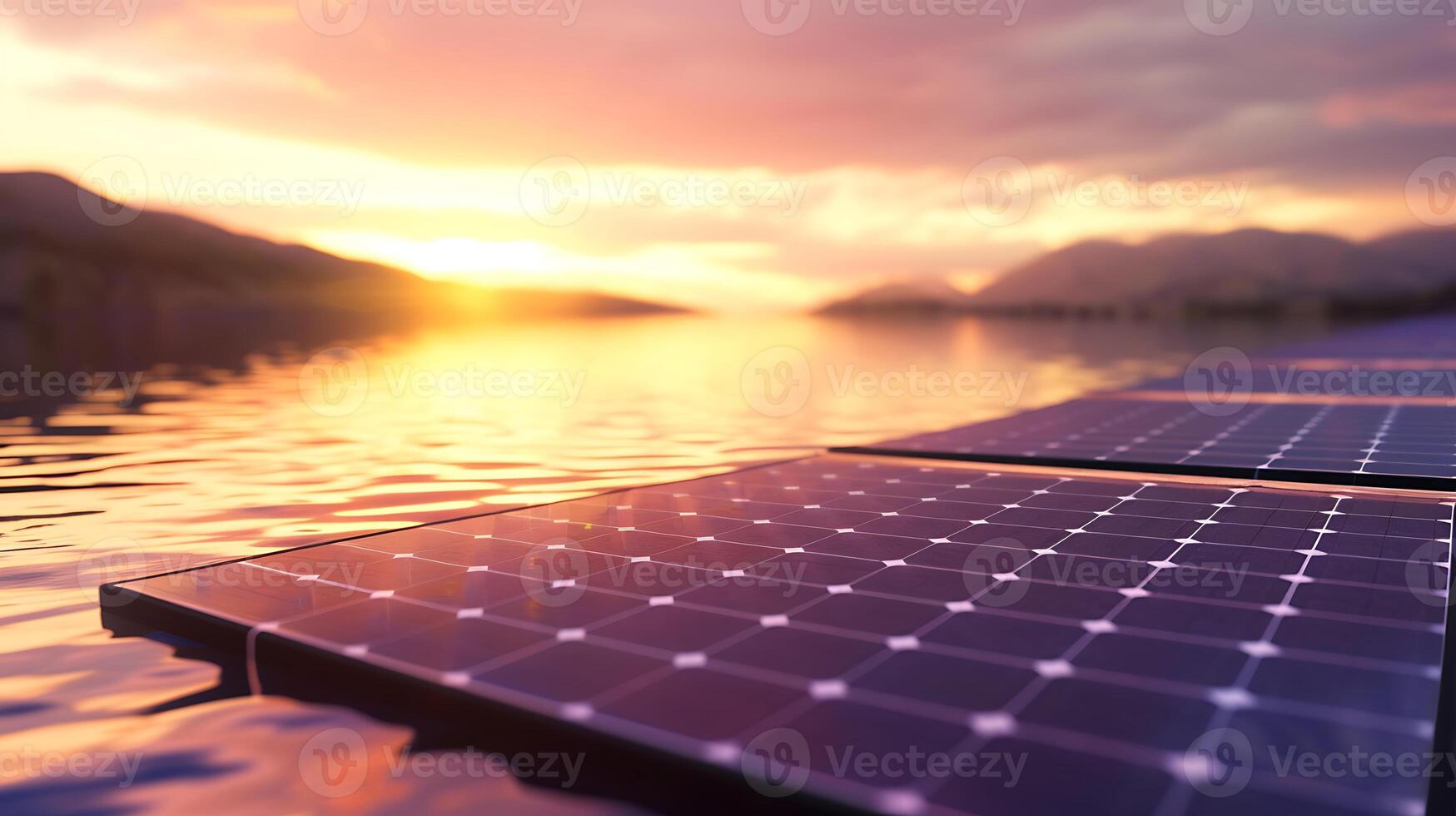 ai genererad flytande sol- panel på en kropp av vatten. generativ ai. foto