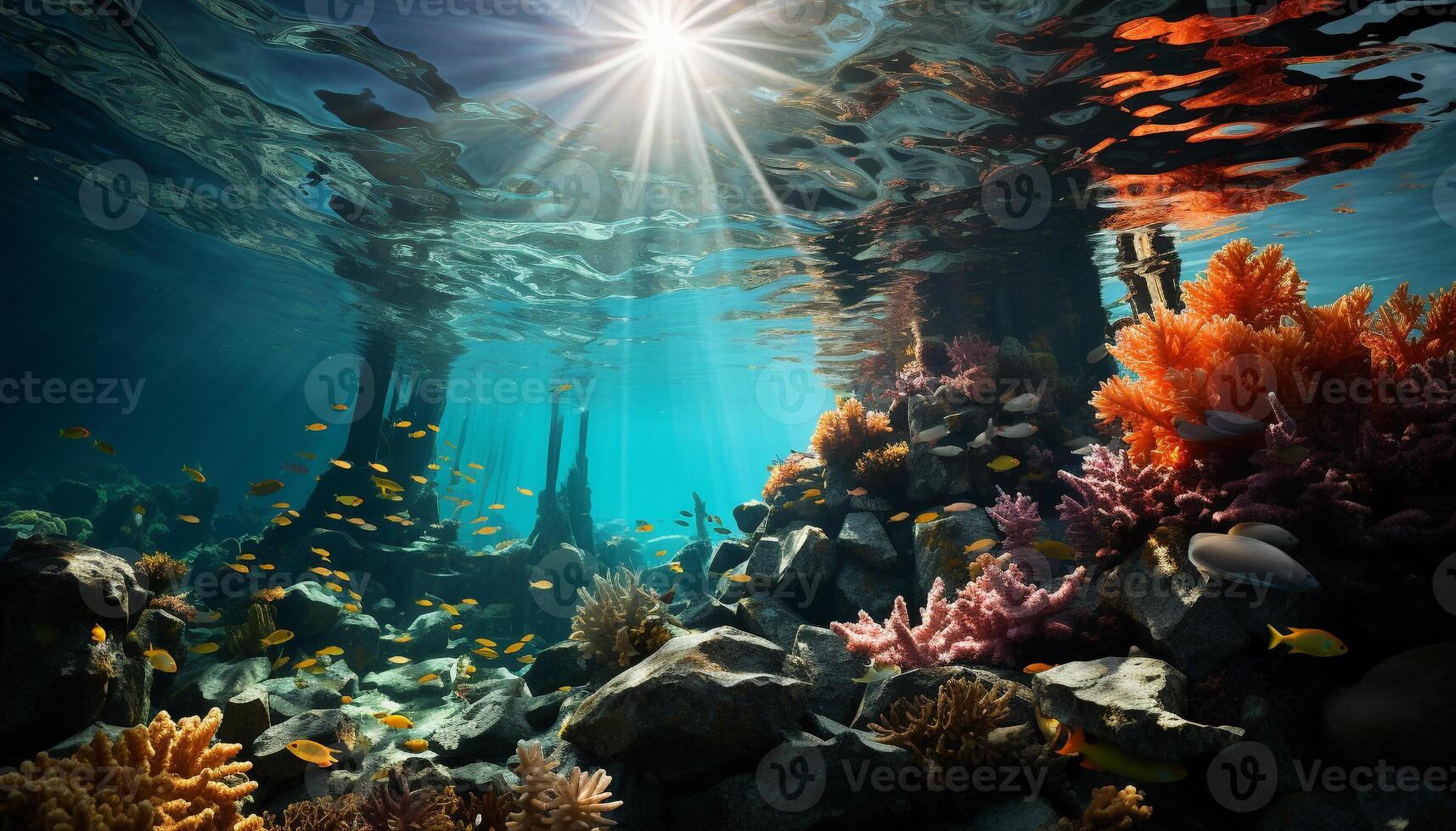 ai genererad under vattnet fisk rev, natur vatten djur, korall djup dykning dykning genererad förbi ai foto