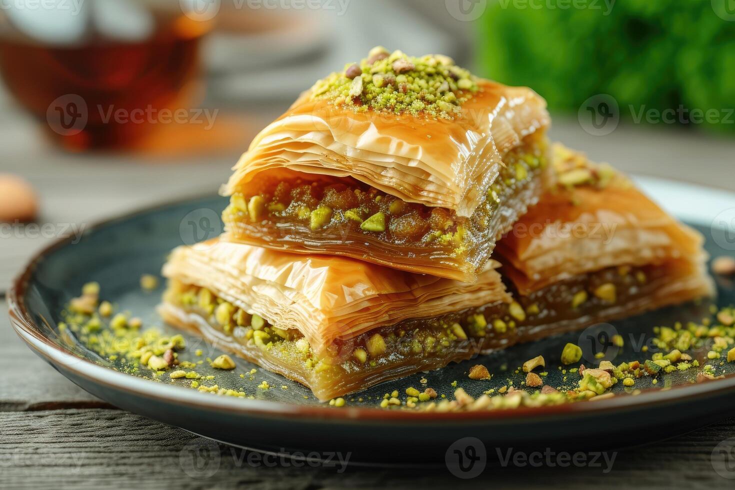 ai genererad baklava med pistasch nöt på tallrik, skiktad bakverk efterrätt tillverkad av filo bakverk, och sötad med sirap eller honung foto