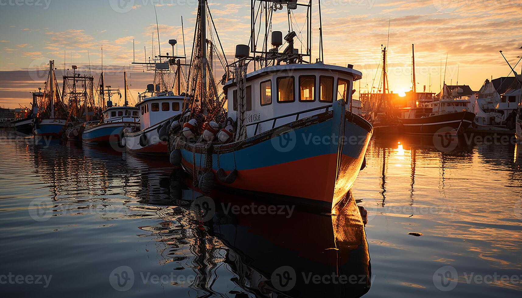 ai genererad fiske båt förtöjd på kommersiell docka speglar lugn solnedgång genererad förbi ai foto