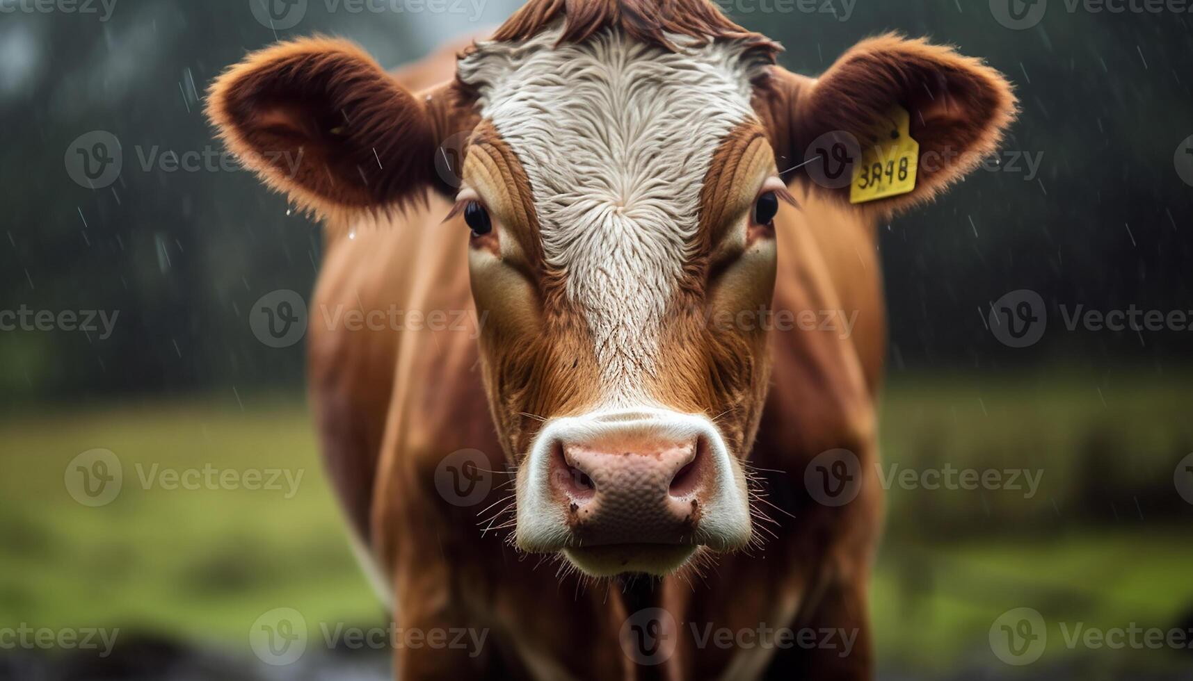 ai genererad söt ko betning i grön äng, en skön lantlig scen genererad förbi ai foto