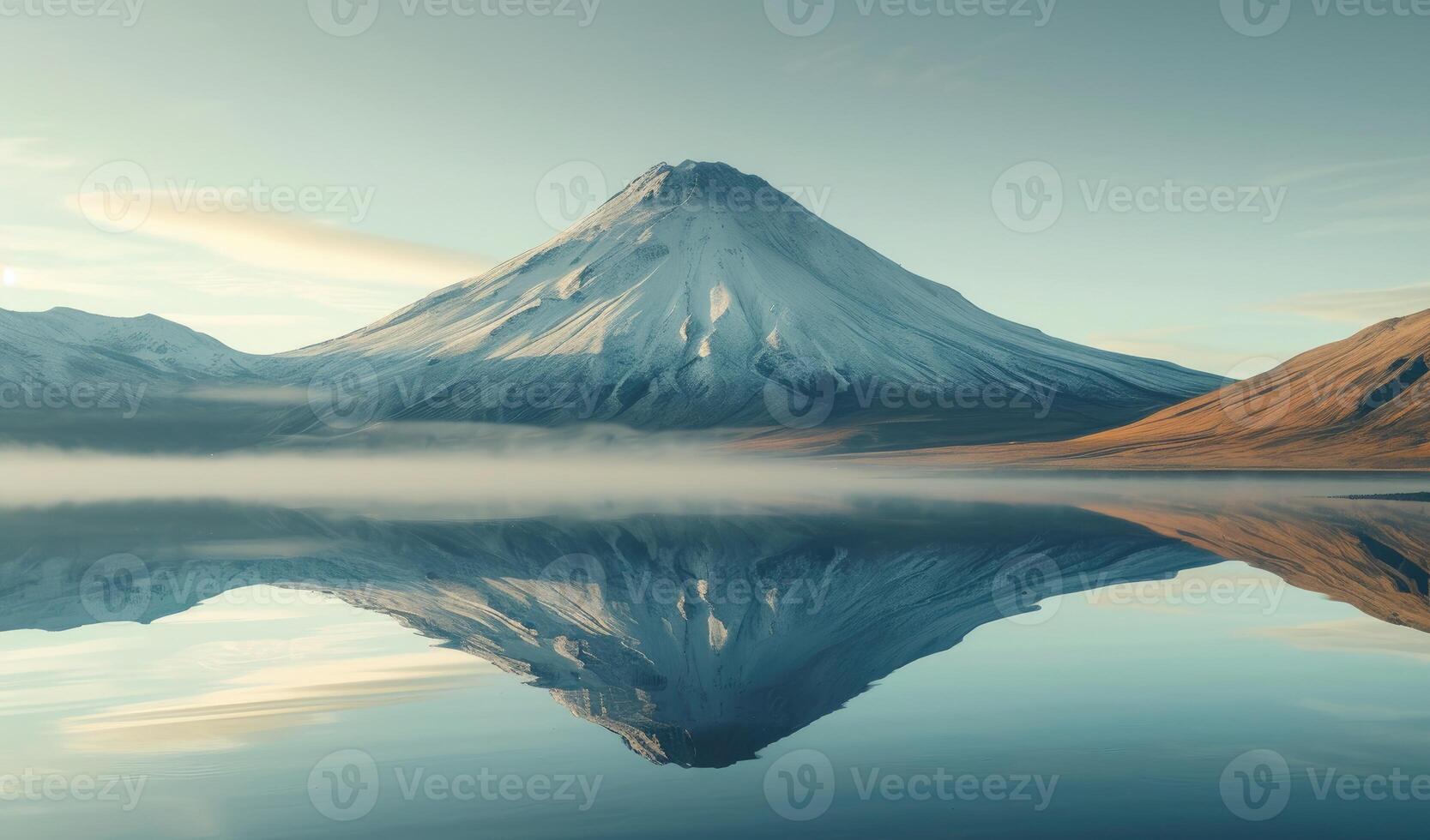 ai genererad vulkanisk berg i morgon- ljus reflekterad i lugna vattnen av sjö. generativ ai foto