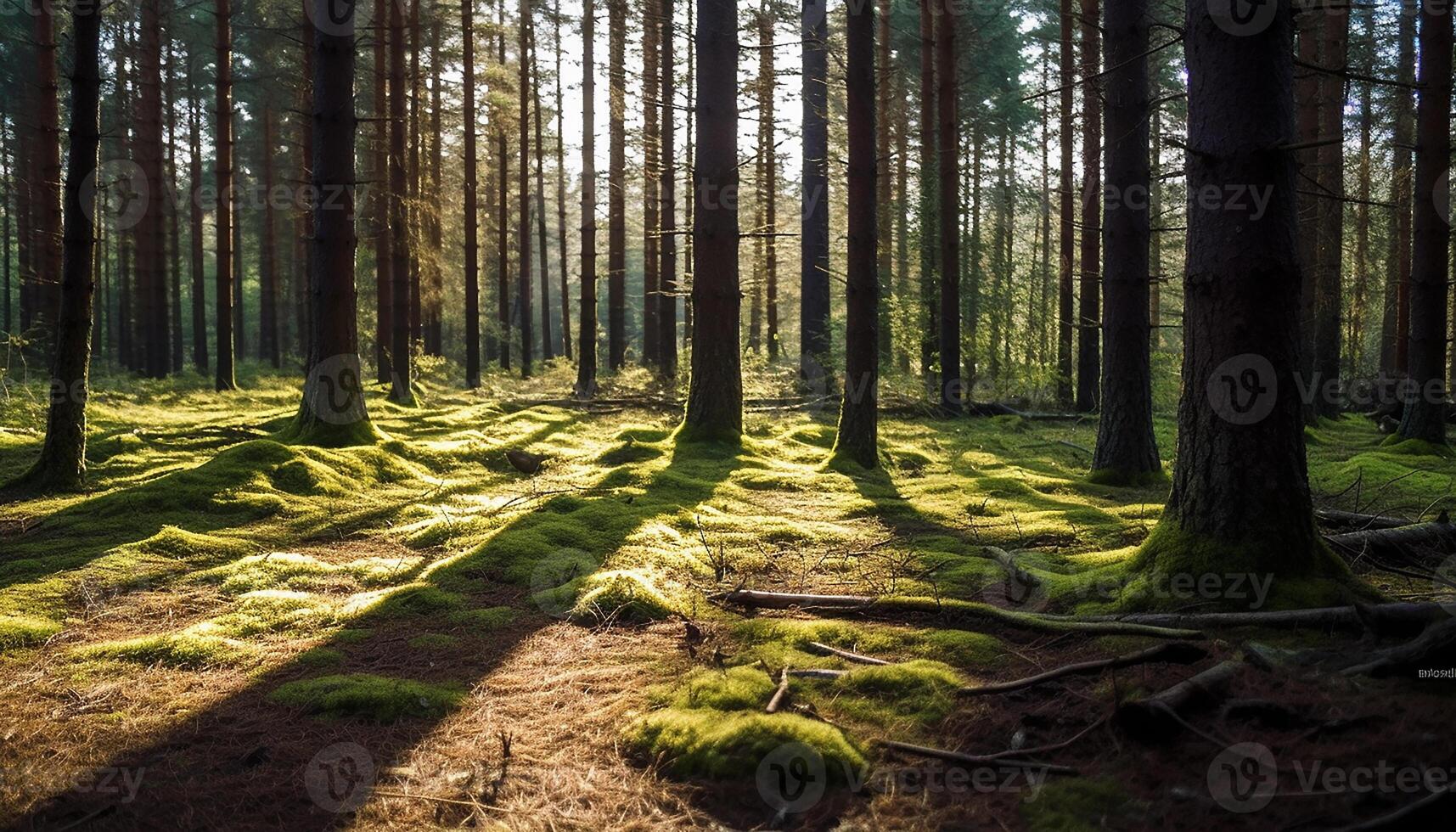 ai genererad lugn skog väg avslöjar natur skönhet i solljus gyllene glöd genererad förbi ai foto