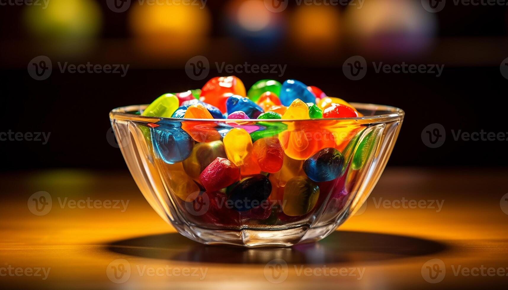 ai genererad en skål av färgrik godis på en tabell, en ljuv flathet genererad förbi ai foto
