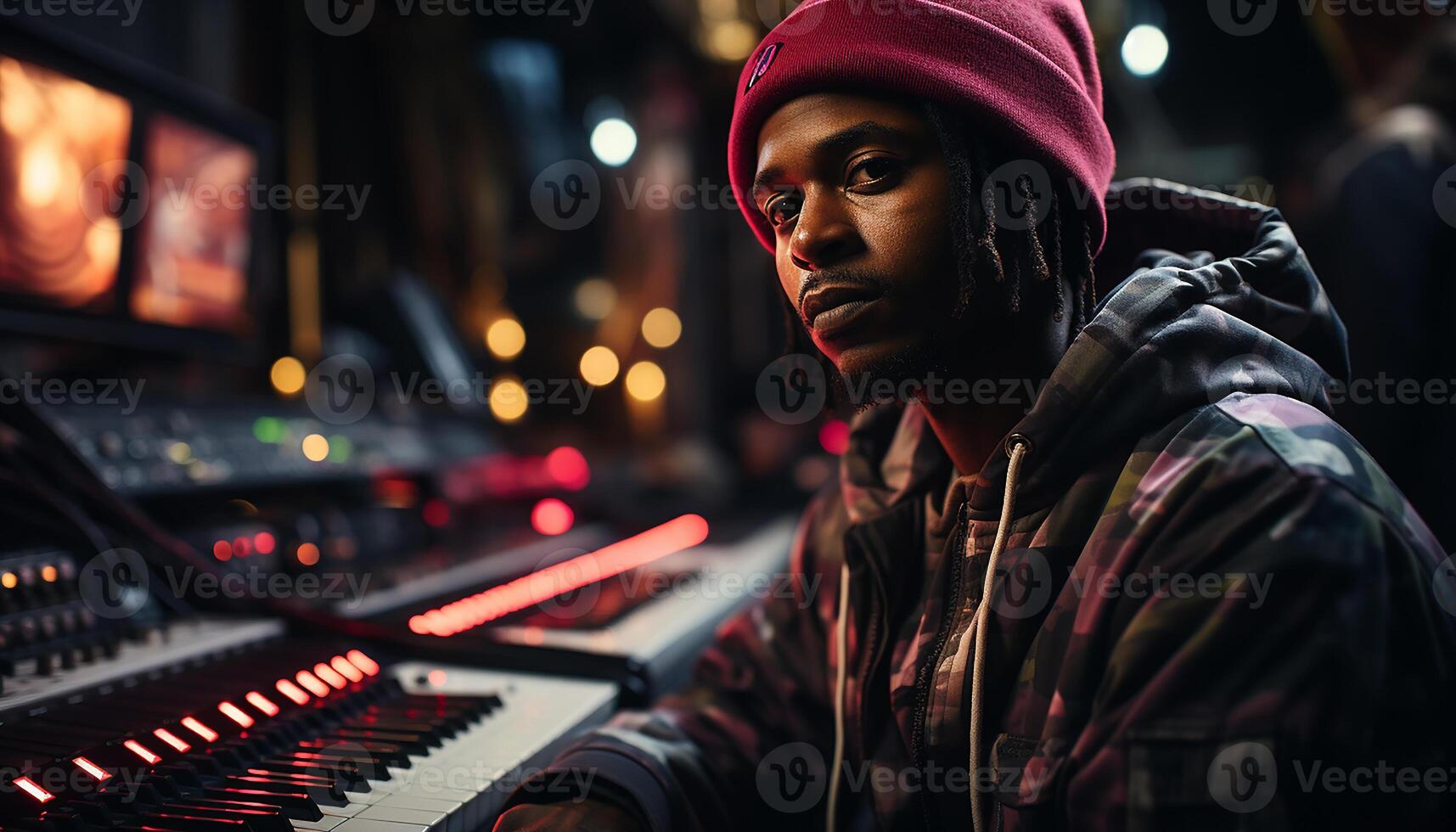 ai genererad ung afrikansk musiker i huvor skjorta, Sammanträde utomhus, ser Häftigt genererad förbi ai foto