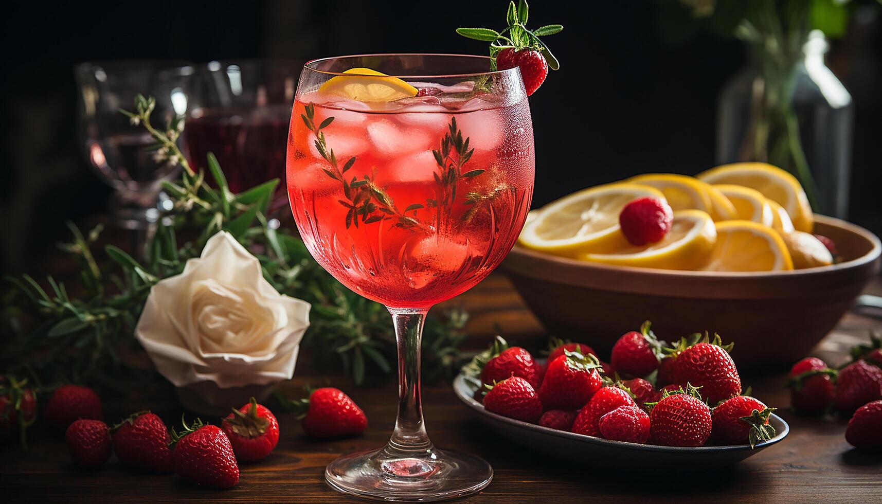 ai genererad färsk jordgubb cocktail på trä- tabell, en sommar glädje genererad förbi ai foto