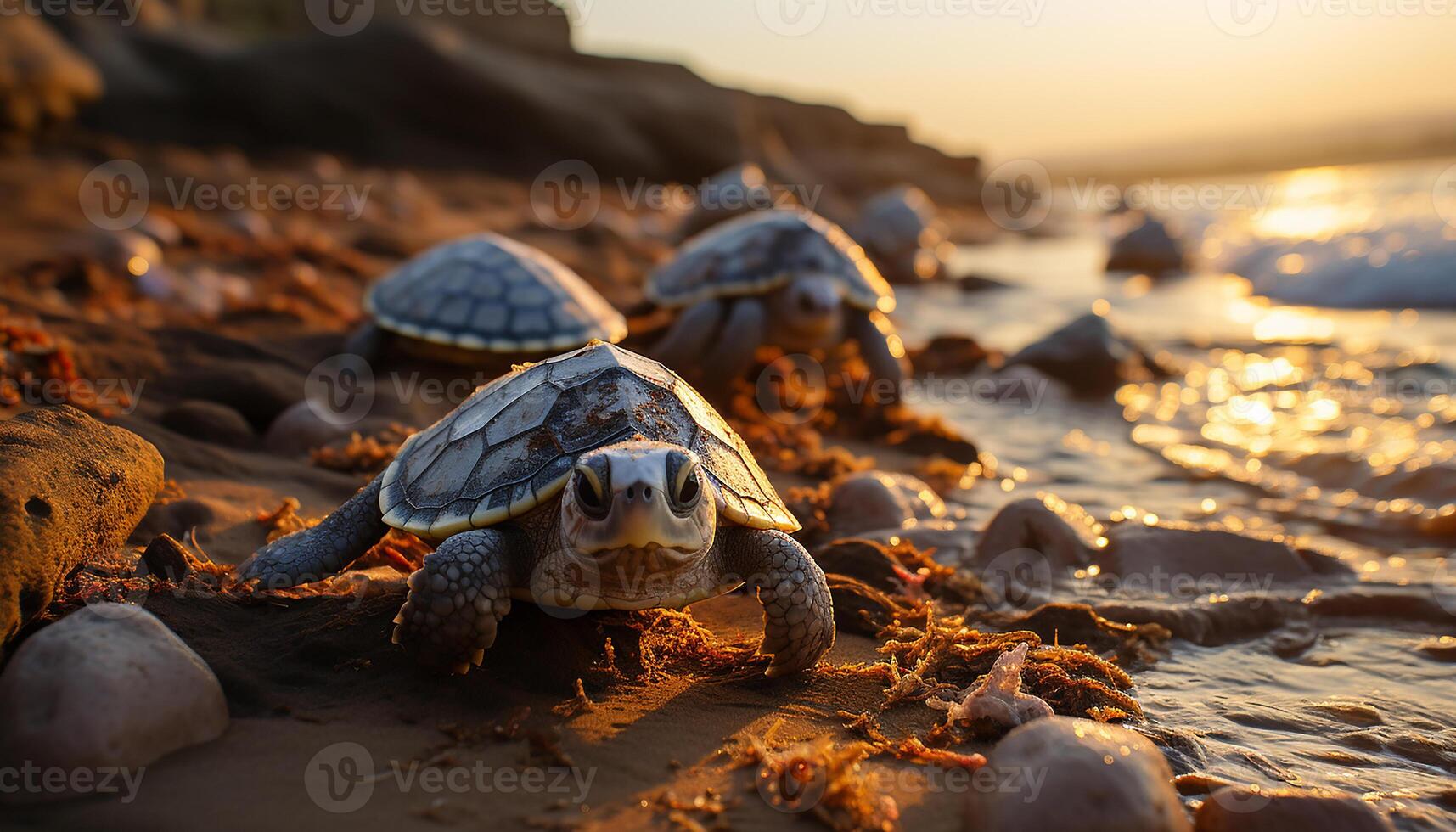 ai genererad söt sköldpadda krypande på sandig strand, njuter tropisk solnedgång genererad förbi ai foto