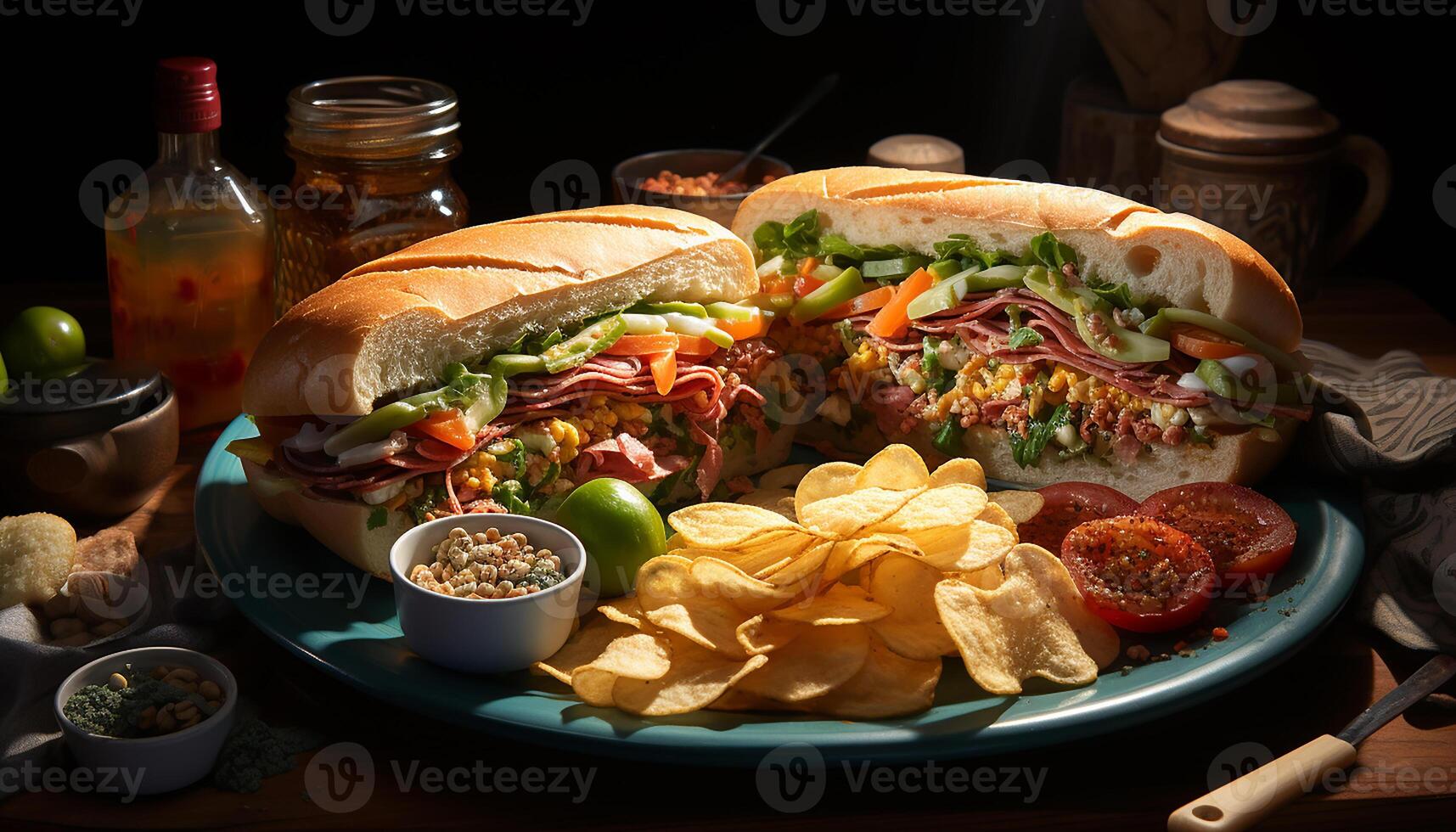 ai genererad grillad nötkött smörgås på ciabatta, med frites och sallad genererad förbi ai foto