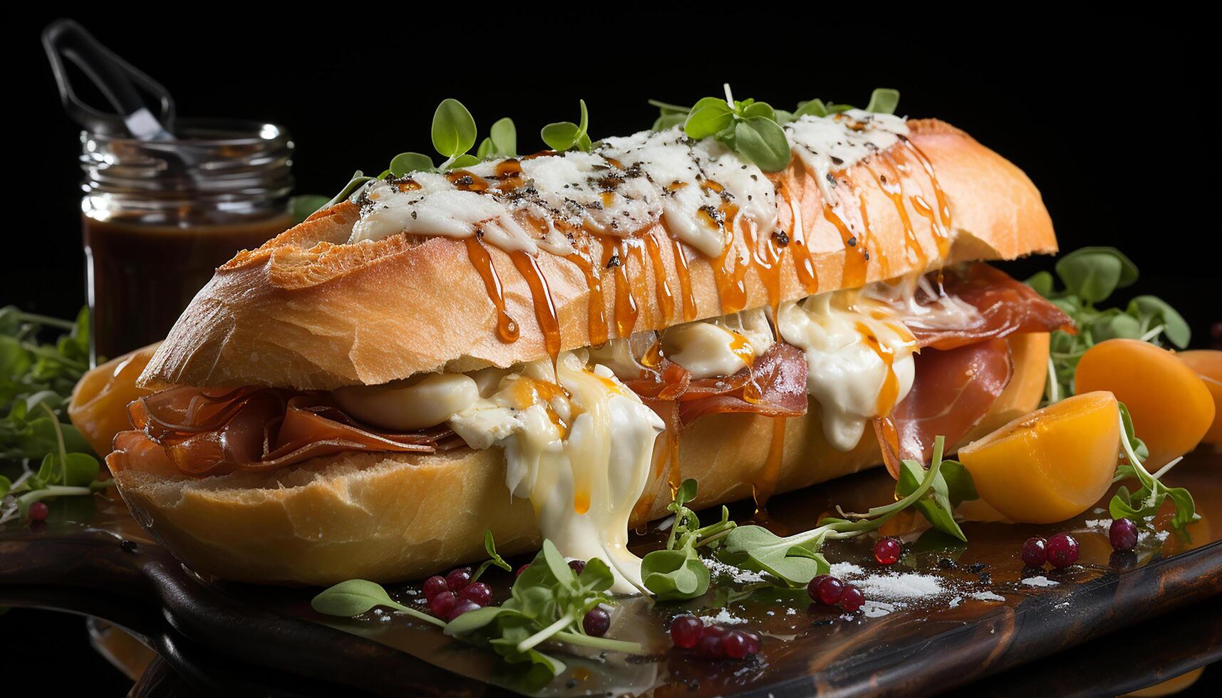 ai genererad grillad kött smörgås på ciabatta, färsk sallad, och frites genererad förbi ai foto