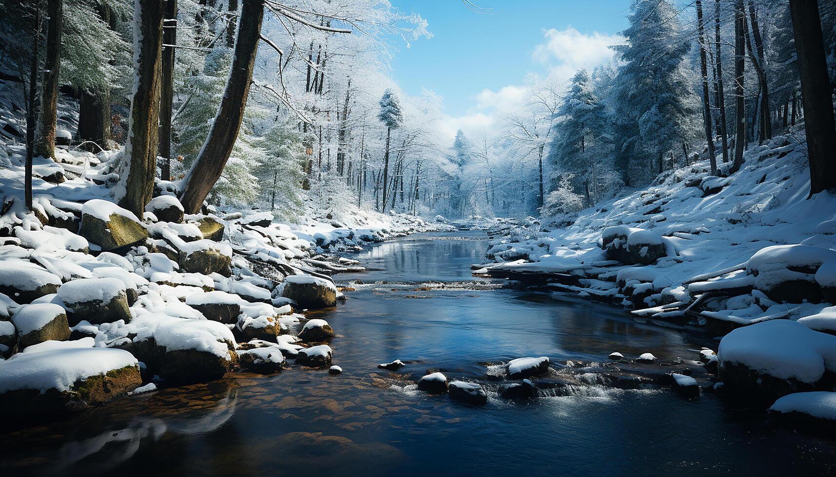 ai genererad lugn scen frysta vatten speglar skönhet av vinter- berg genererad förbi ai foto