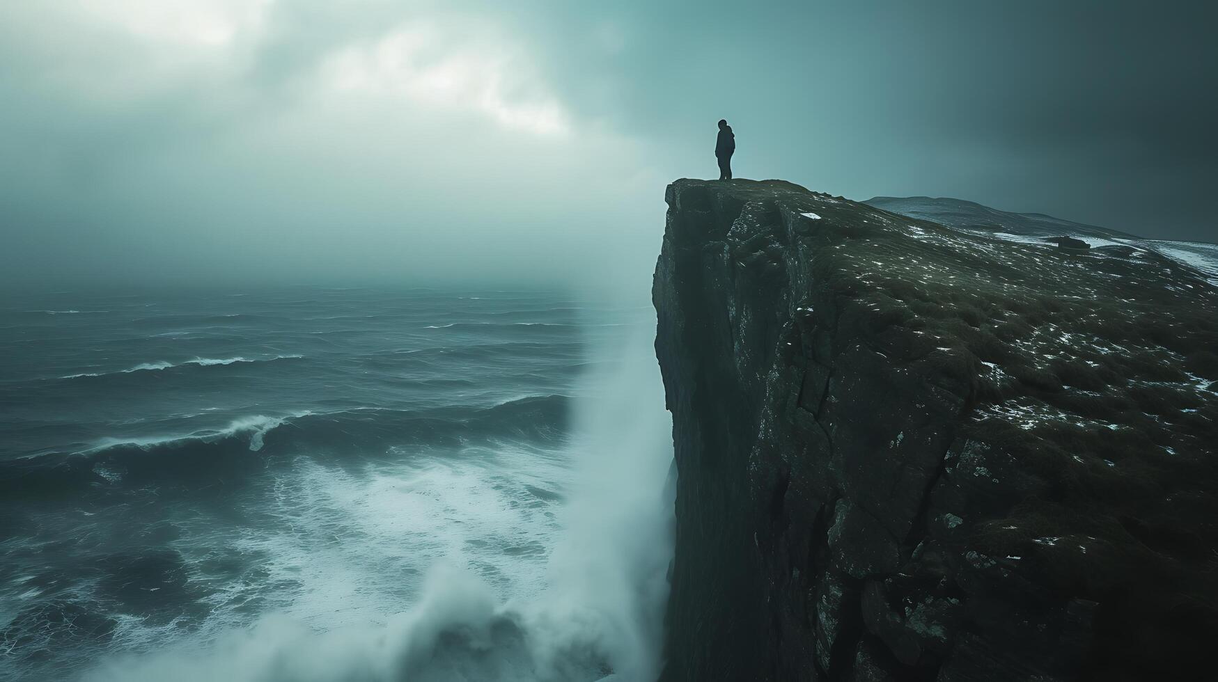 ai genererad enslig figur står stark på klippa vänd turbulent hav med hoppas och elasticitet foto