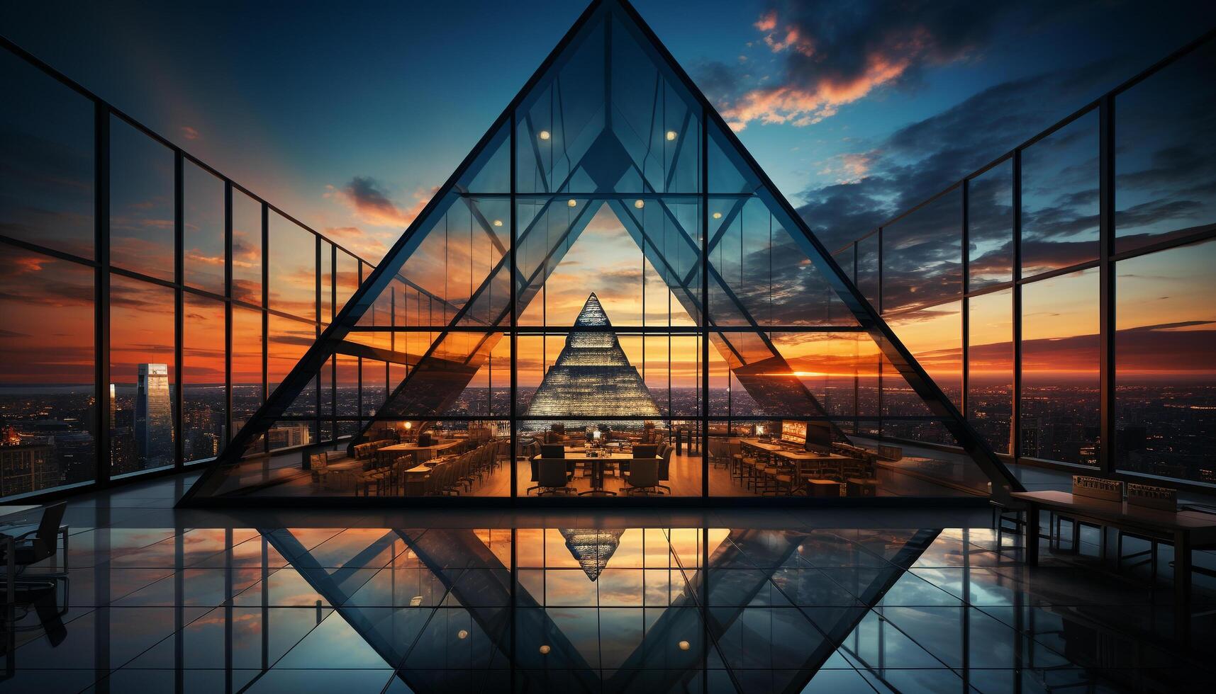 ai genererad trogen stadsbild speglar modern skyskrapor i skymning ljus glas genererad förbi ai foto