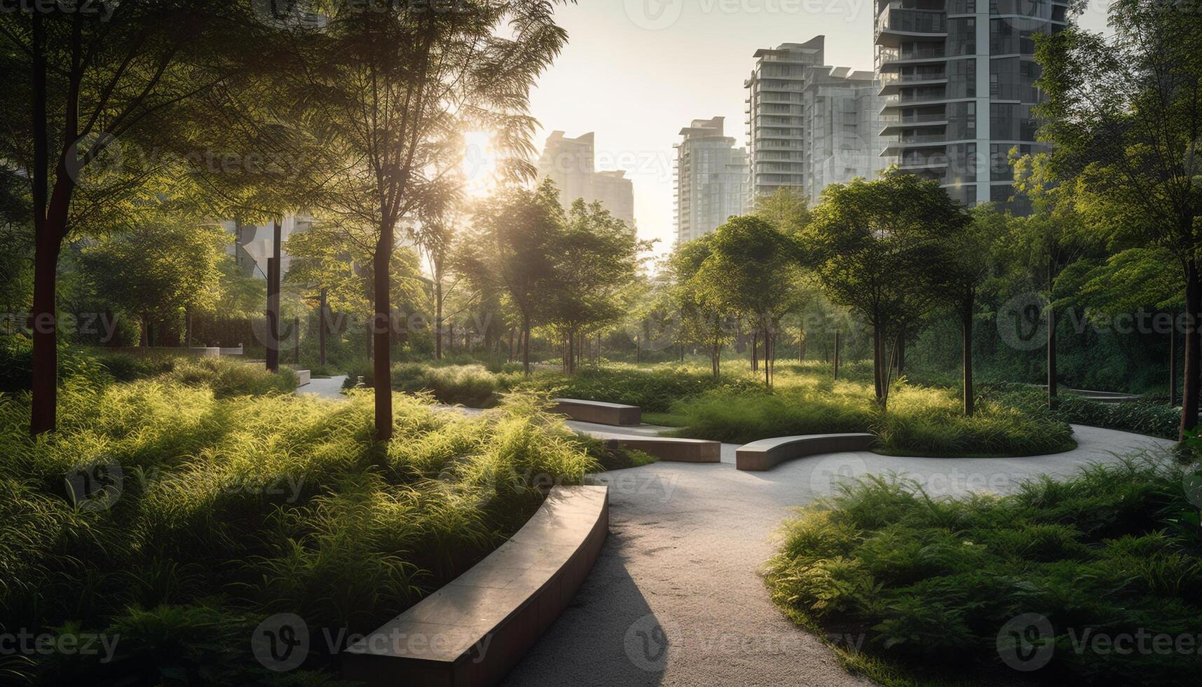 ai genererad lugn äng, grön träd, solnedgång natur skönhet i modern stad genererad förbi ai foto