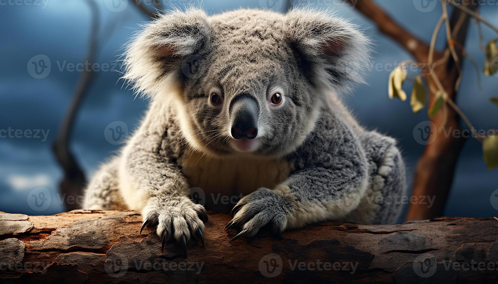 ai genererad söt koala sovande på gren, ser på kamera i natur genererad förbi ai foto