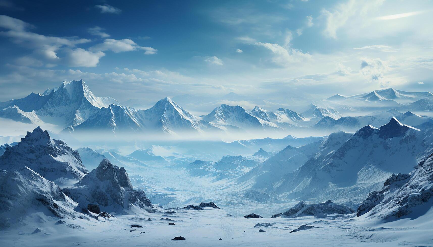 ai genererad majestätisk berg topp, snö täckt landskap, lugn himmel, frysta skönhet genererad förbi ai foto