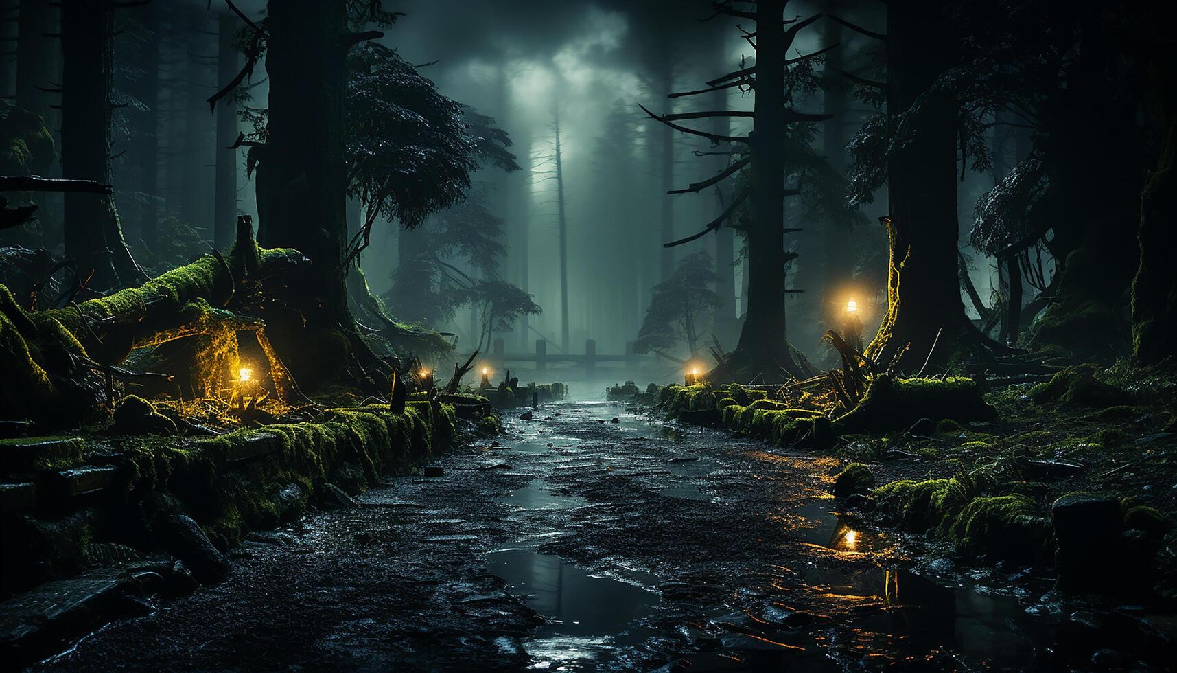 ai genererad läskigt natt, mörk skog, mystisk träd, höst gångstig, Skräck landskap genererad förbi ai foto