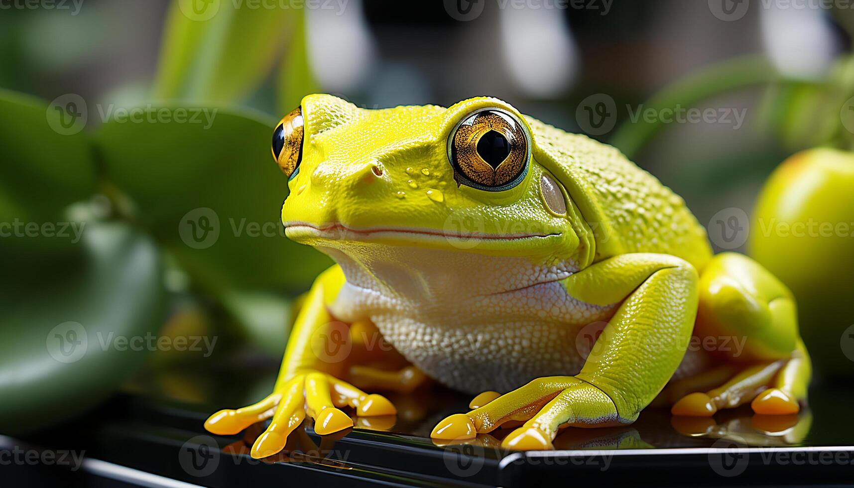 ai genererad söt röd ögon träd groda Sammanträde på våt blad genererad förbi ai foto