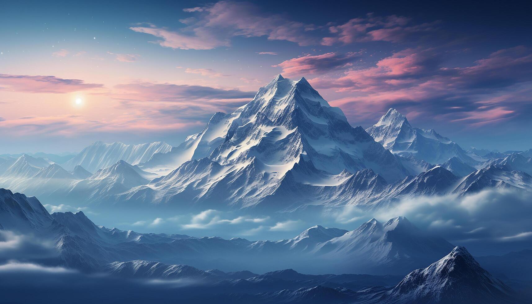ai genererad majestätisk berg topp, himmel blå, solnedgång silhuett, lugn natur genererad förbi ai foto
