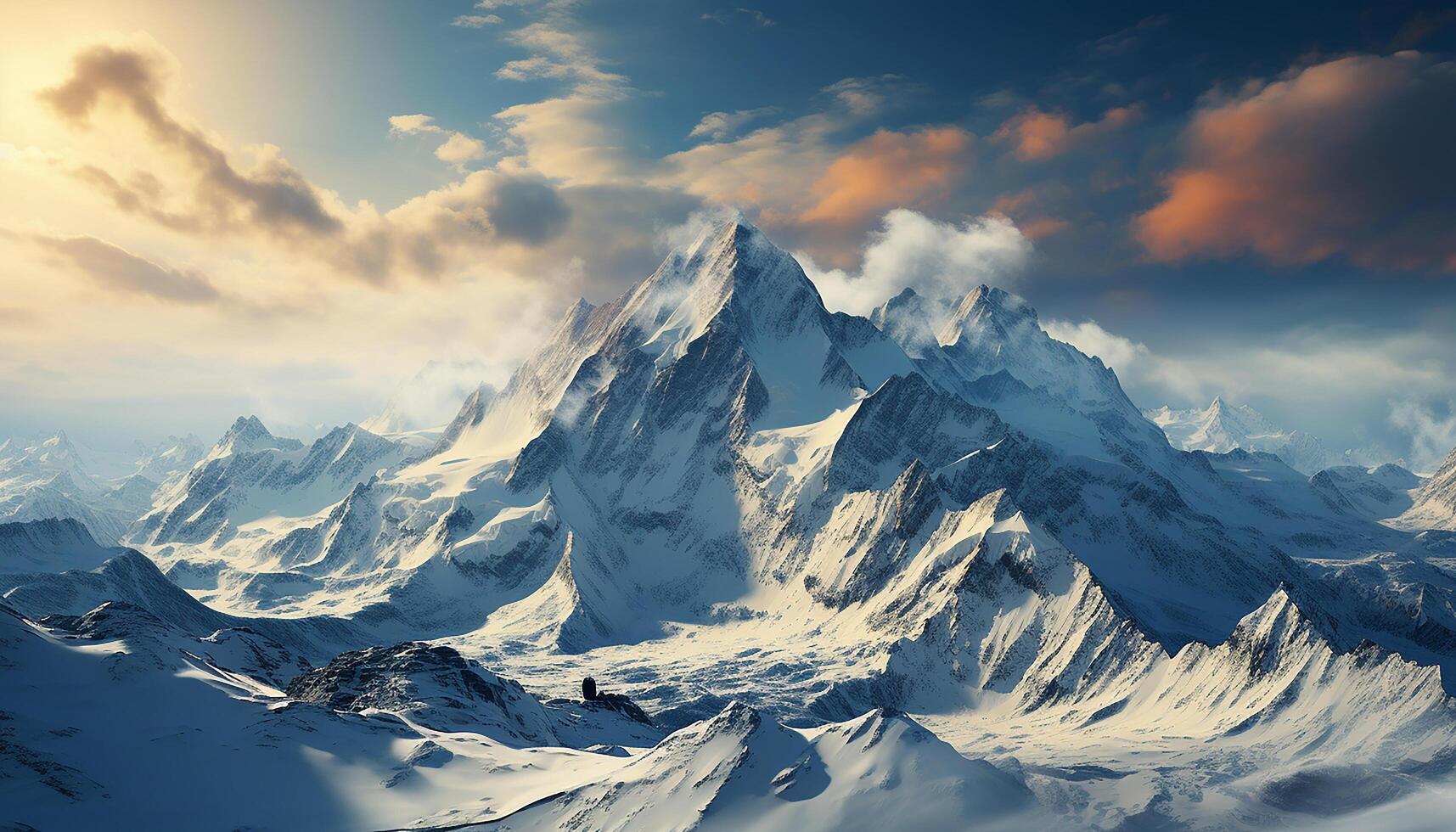 ai genererad majestätisk berg topp, snö tak, lugn soluppgång, natur skönhet genererad förbi ai foto