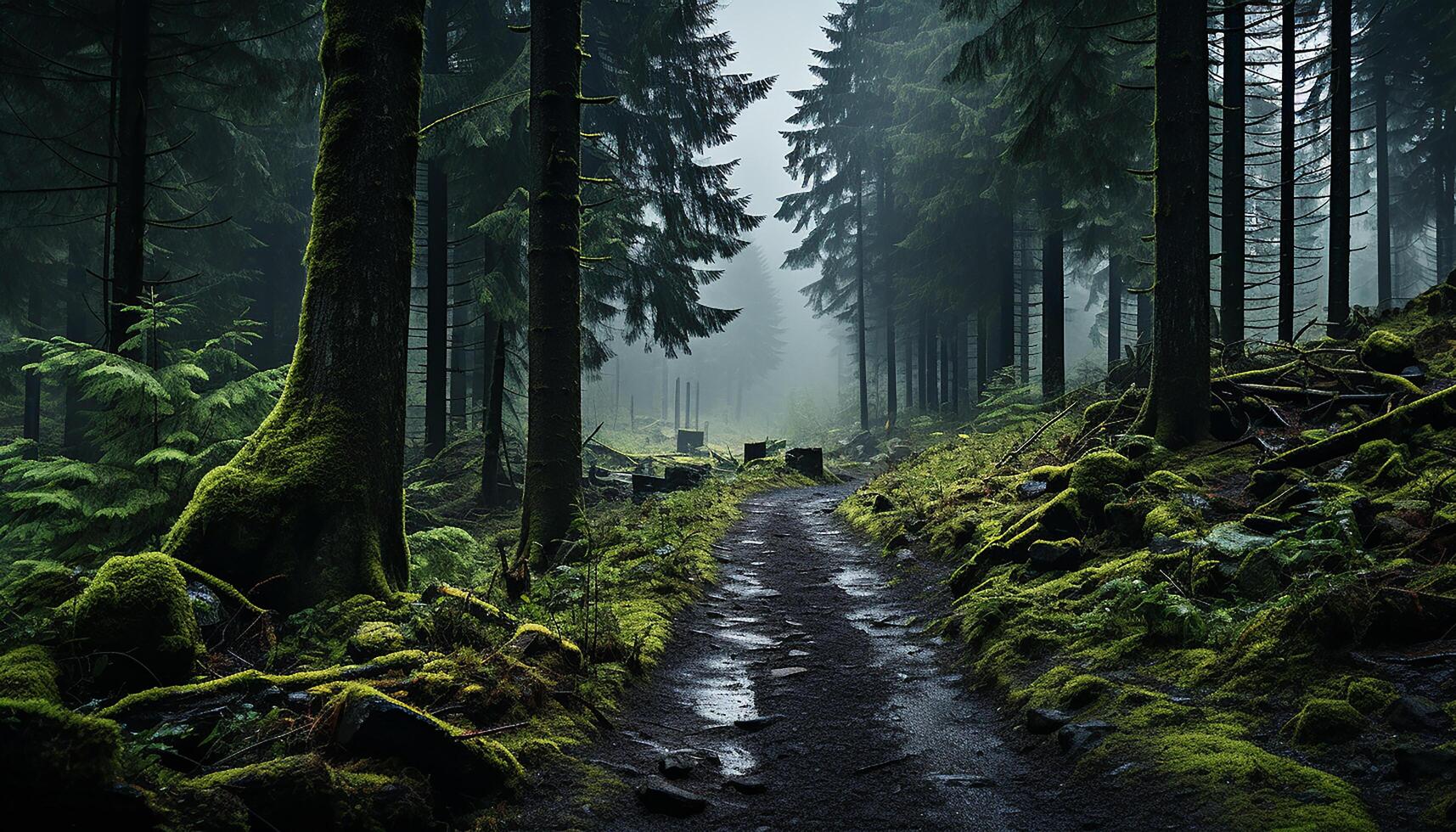 ai genererad lugn scen dimmig skog avslöjar mystisk natur skönhet genererad förbi ai foto