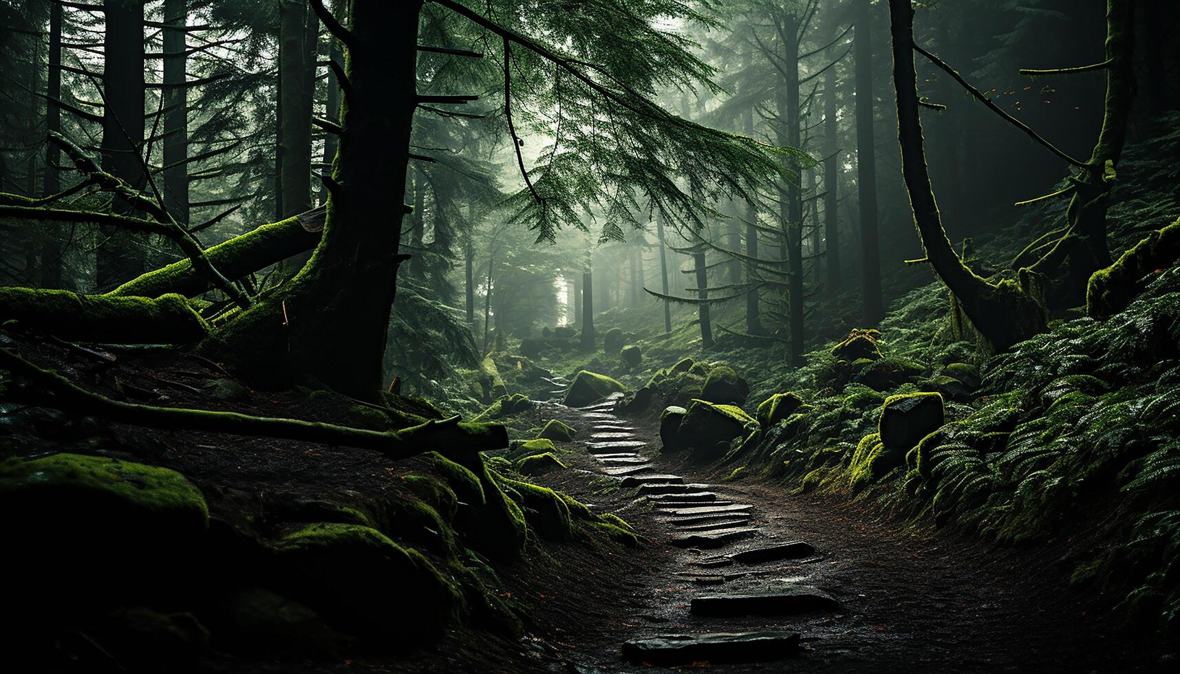 ai genererad lugn scen dimmig skog, mystisk skönhet, grön löv, våt gångstig genererad förbi ai foto
