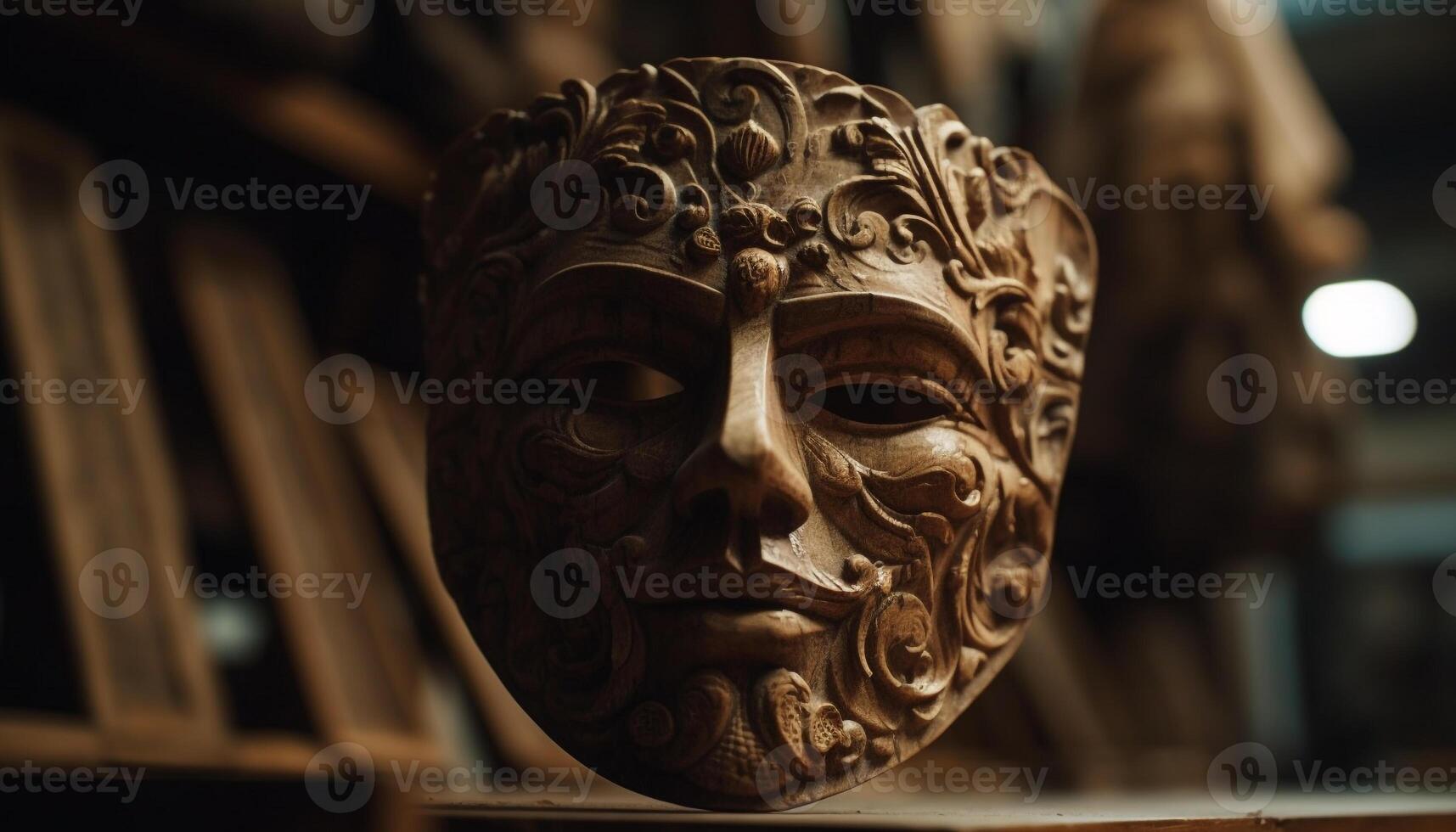 ai genererad gammal skulptur, trä mask, symbolisera andlighet, inhemsk kultur, gammal civilisation genererad förbi ai foto