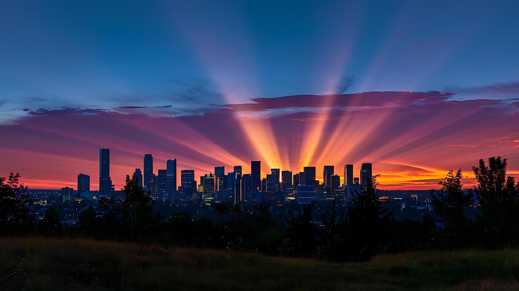 ai genererad modern stad horisont glöder på solnedgång skyskrapor reflekterande värma ljus mot färgrik himmel foto