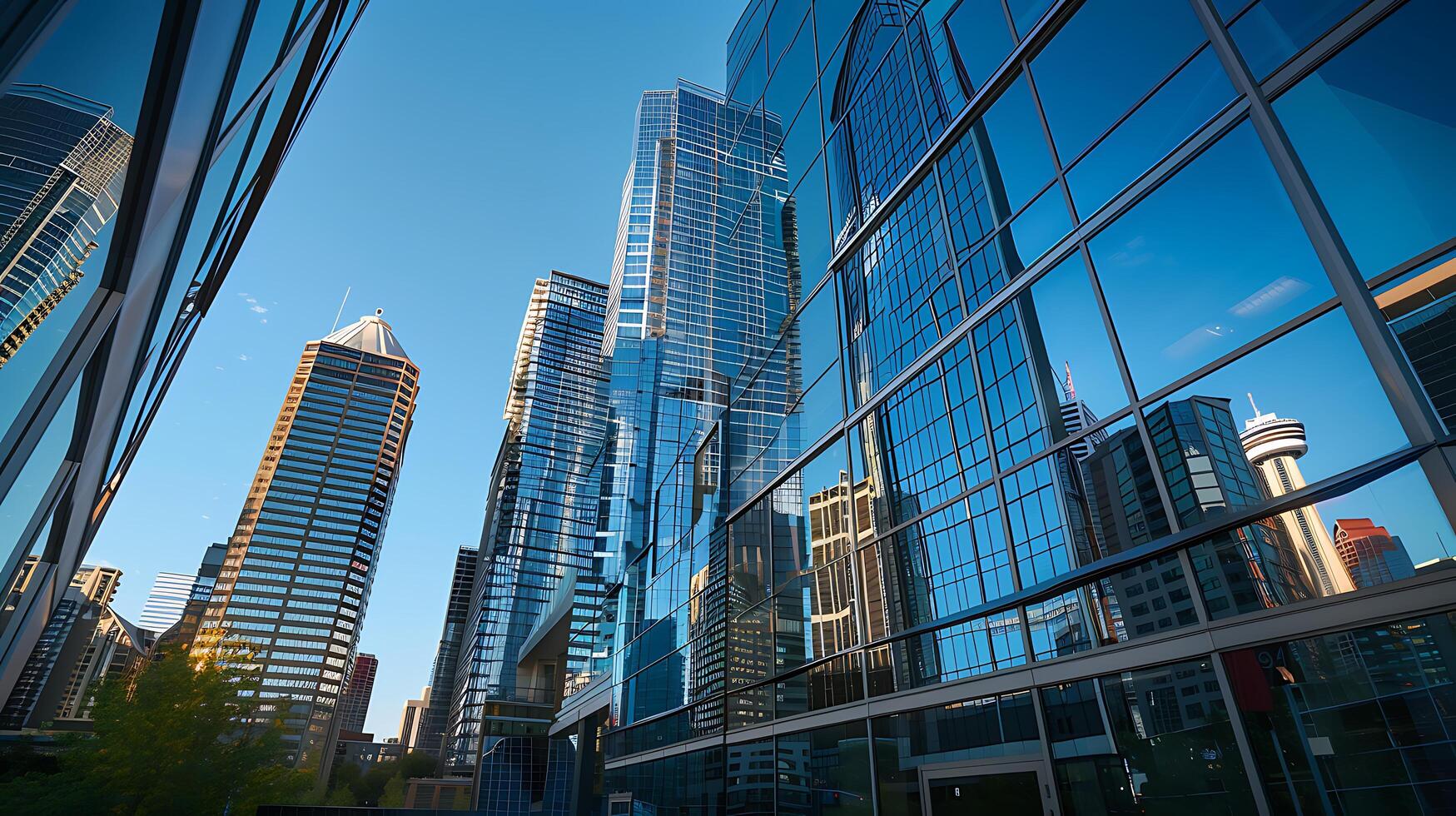ai genererad urban glas skyskrapa fångad i mjuk ljus reflekterande stadsbild med tele lins foto