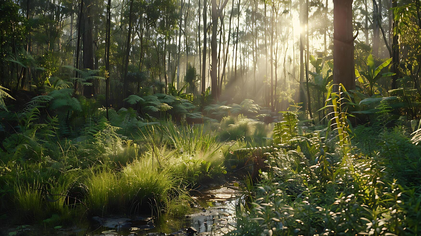 ai genererad solljus filter genom frodig grön skog gjutning brokig skuggor på skog golv foto