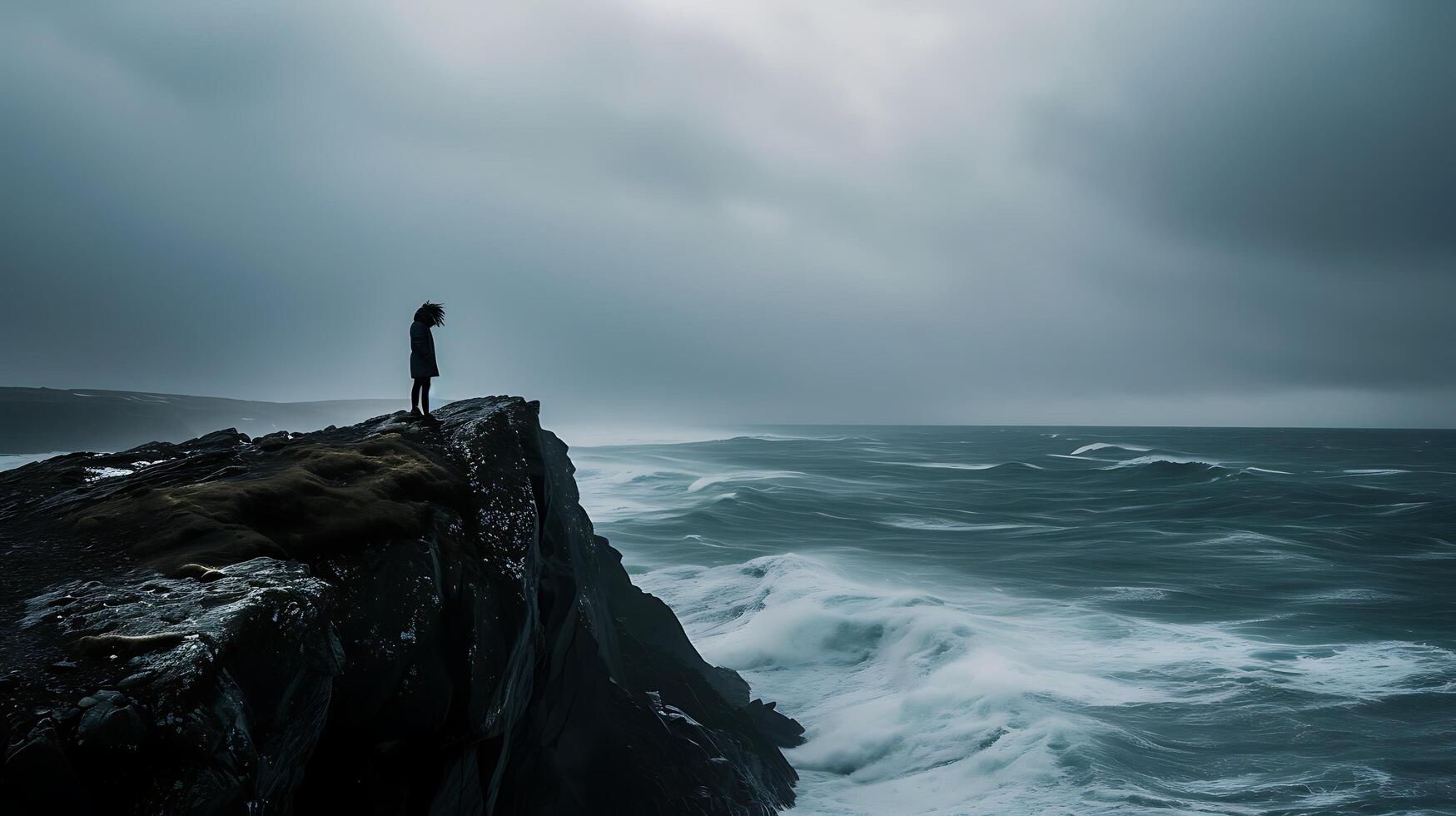 ai genererad orubblig figur ansikten storm på oländig klippa kant förkroppsligande uthållighet och styrka foto