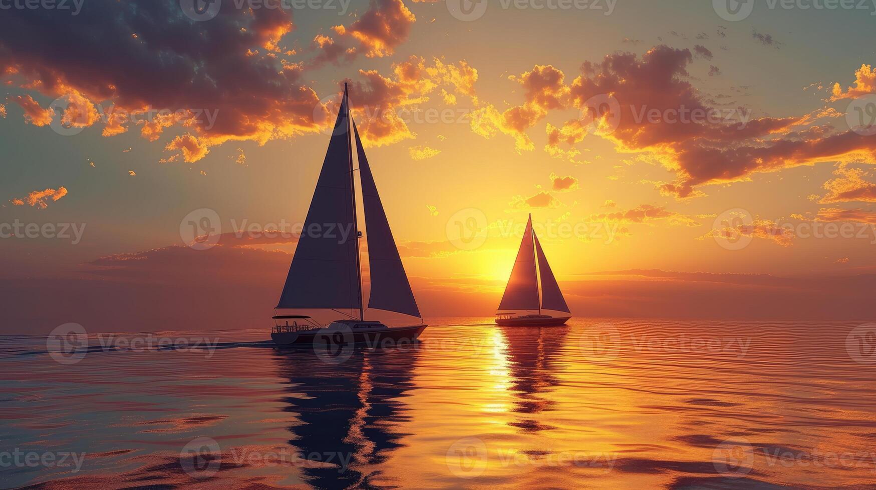 ai genererad två segelbåtar graciöst glida i de havets solnedgång nyanser. ai genererad foto