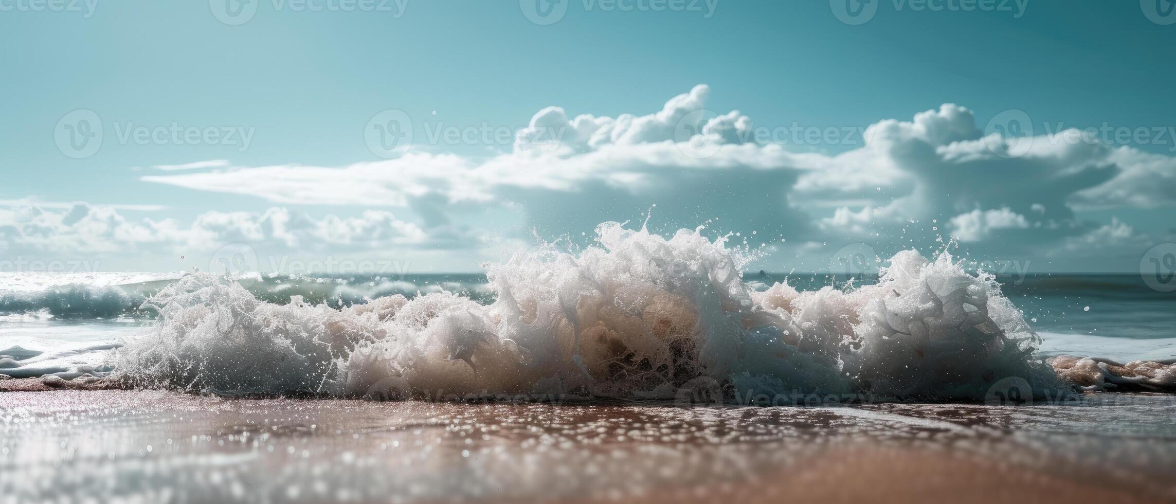 ai genererad kraftfull vågor graciöst ha sönder på de sandig Strand, en fascinerande visa av naturens tvinga. ai genererad foto