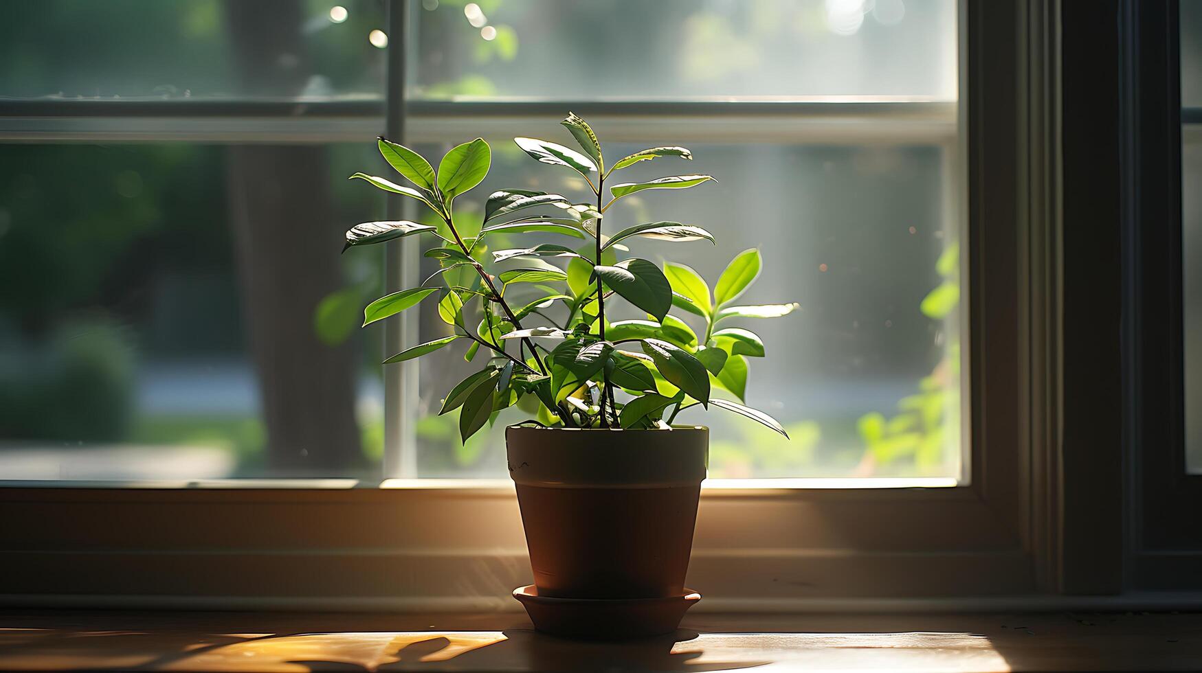 ai genererad frodig krukväxt nåd förbi mjuk naturlig ljus på fönsterkarm foto