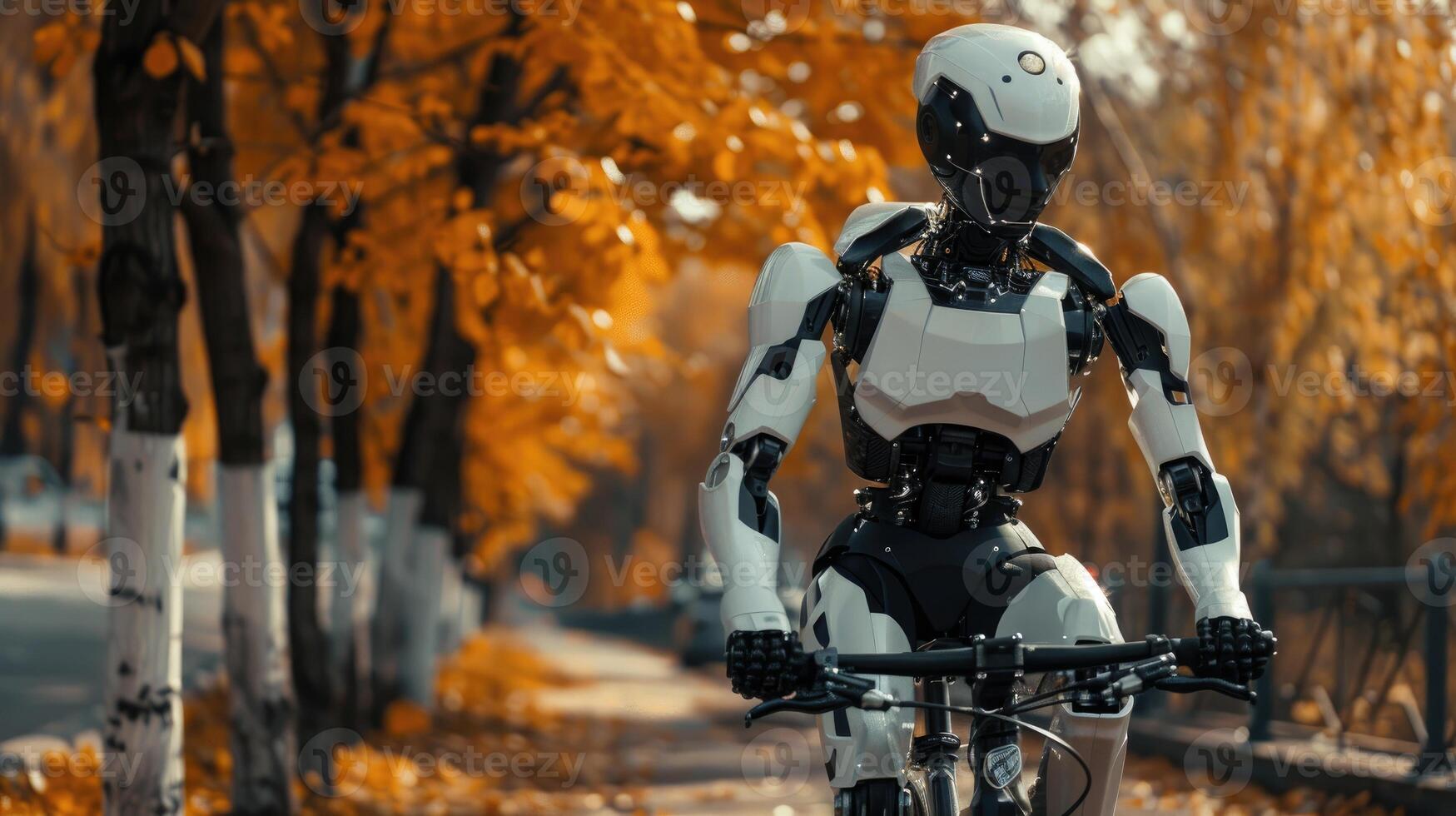 ai genererad glad humanoid robot cykling ner ett höst gränd, fattande naturens skönhet, ai genererad foto